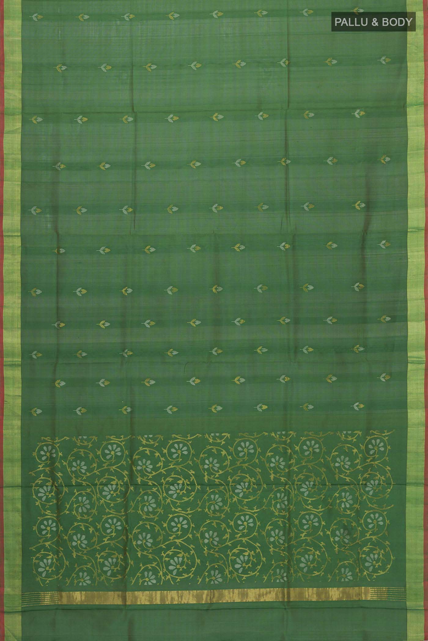 Flat view of Green Uppada Silk Saree with Zari Butta on the body and Zari Border