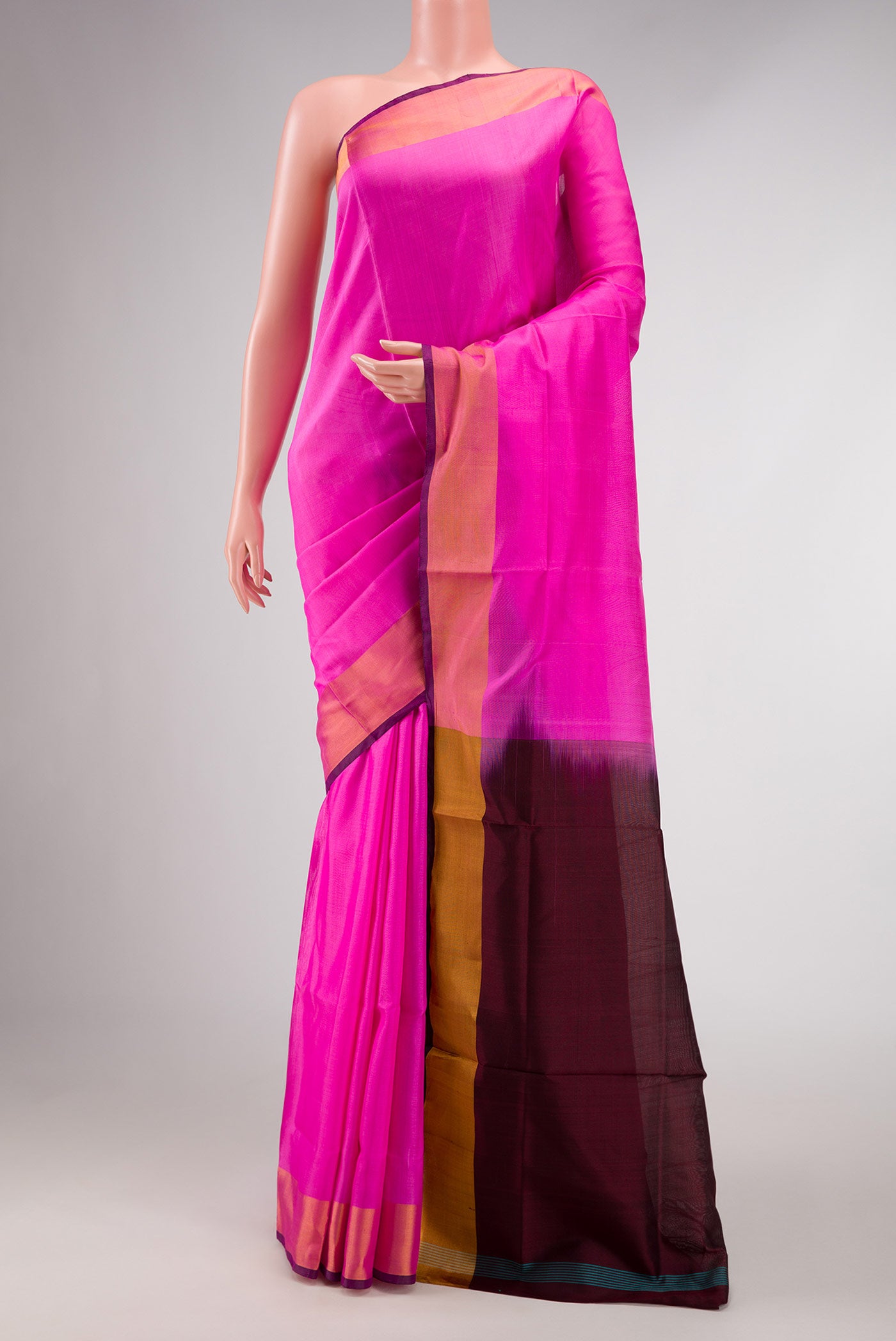 Pink Dual Tone Uppada Silk Saree with Plain Body and Zari Border displayed on a mannequin
