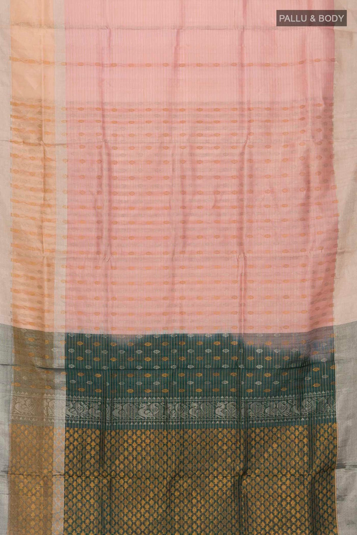 Flat view of Pink Uppada Silk Saree with Zari Butta on the body and Zari Border
