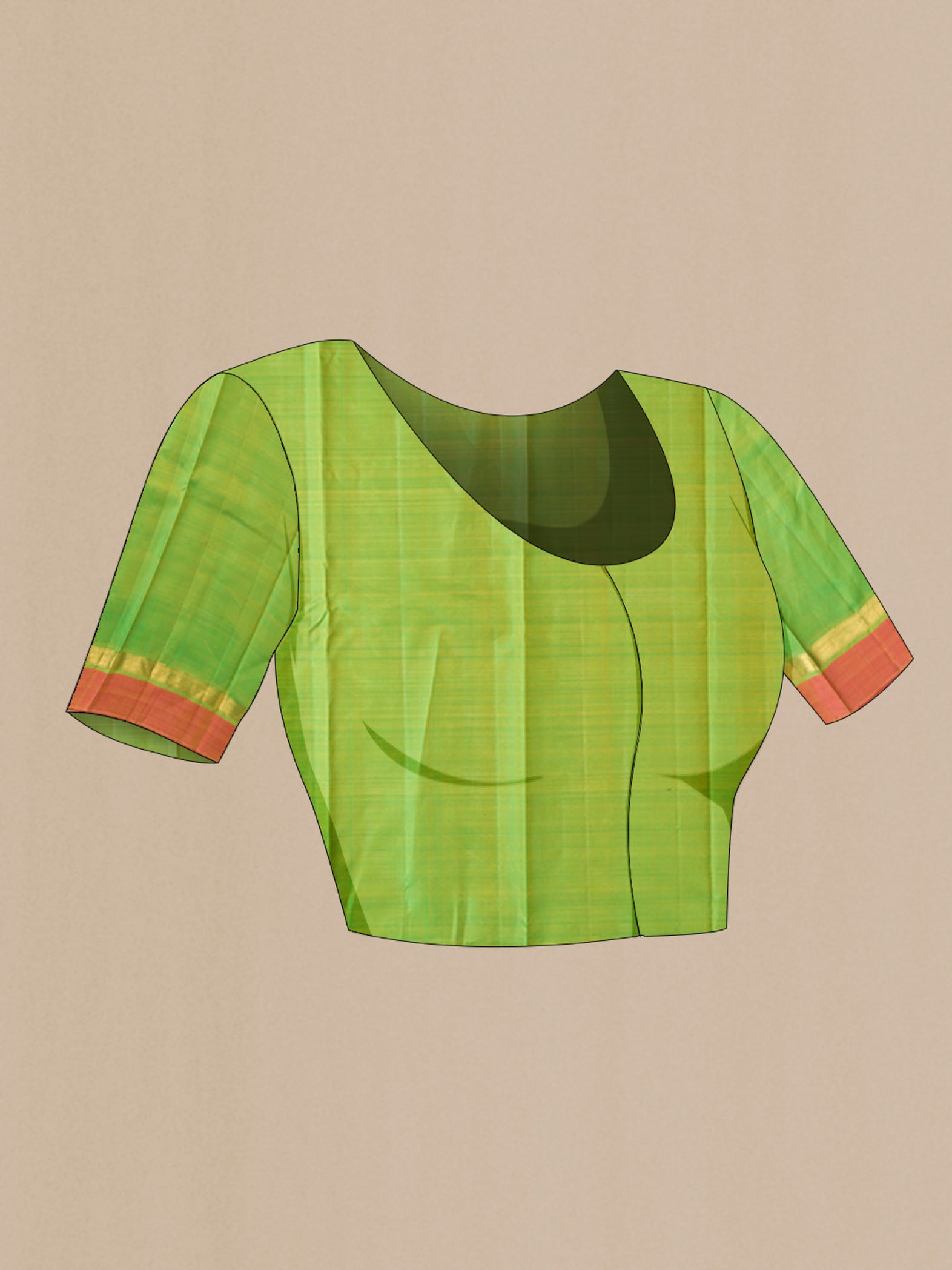 Close up image of the blouse of Orange Kanchipuram Silk Saree with Plain Body and Zari Border