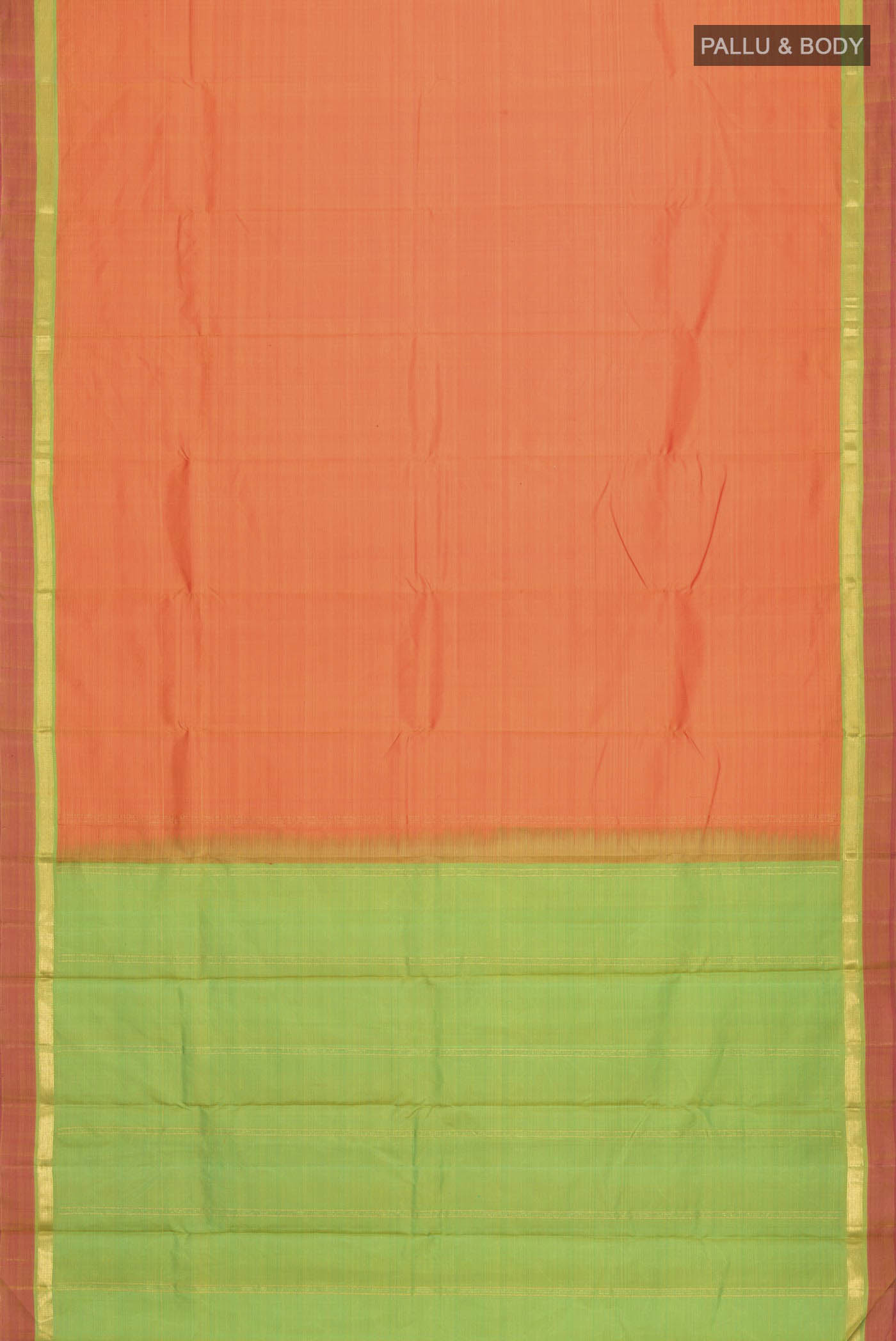 Flat view of Orange Kanchipuram Silk Saree with Plain Body and Zari Border