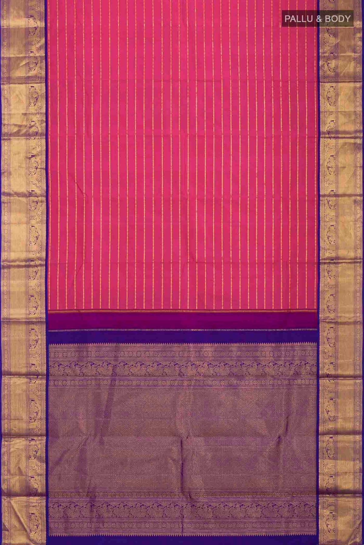 Flat view of Pink Kanchipuram Silk Saree with Stripes on the body and Zari Border