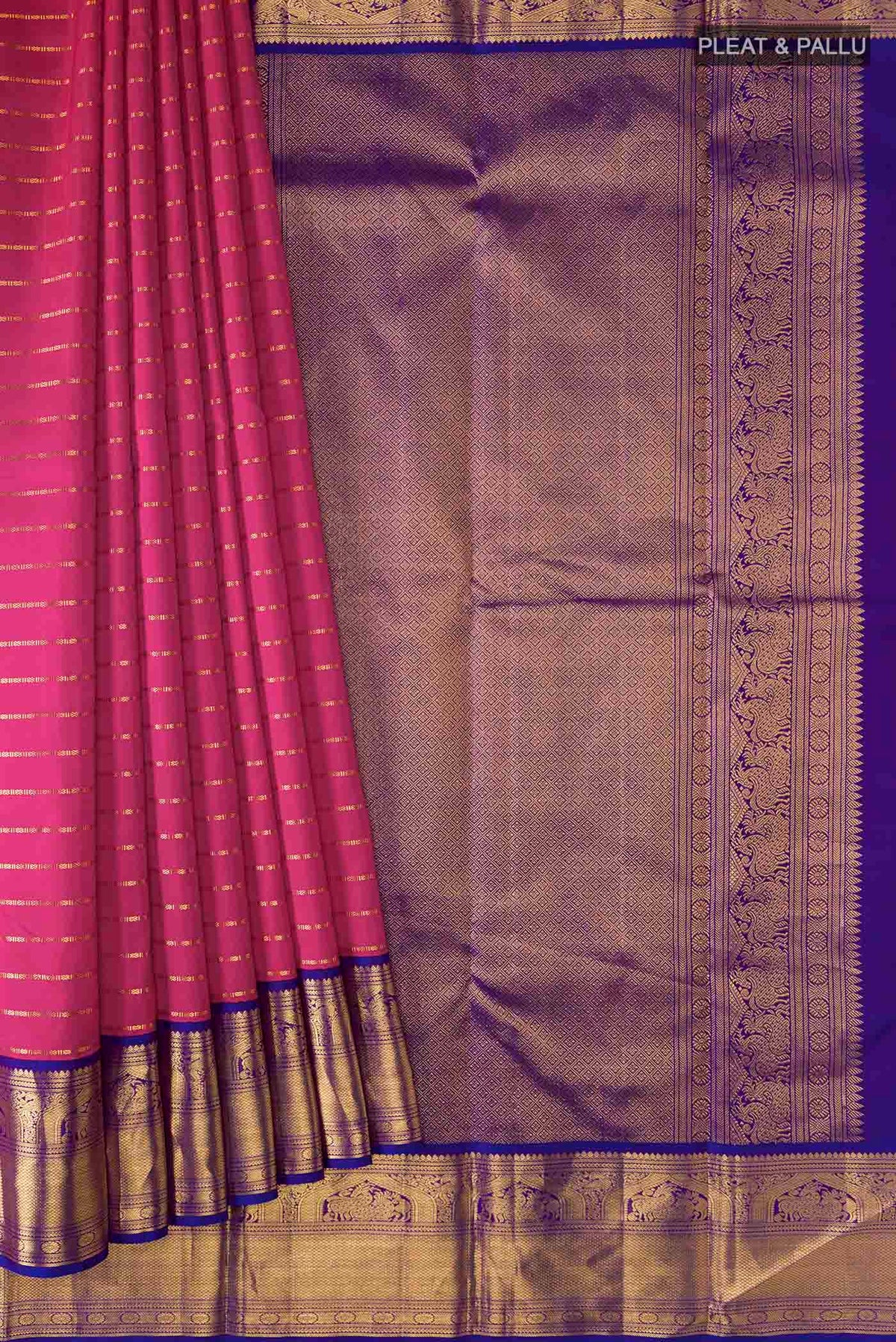 Pleats and pallu of Pink Kanchipuram Silk Saree with Stripes on the body and Zari Border
