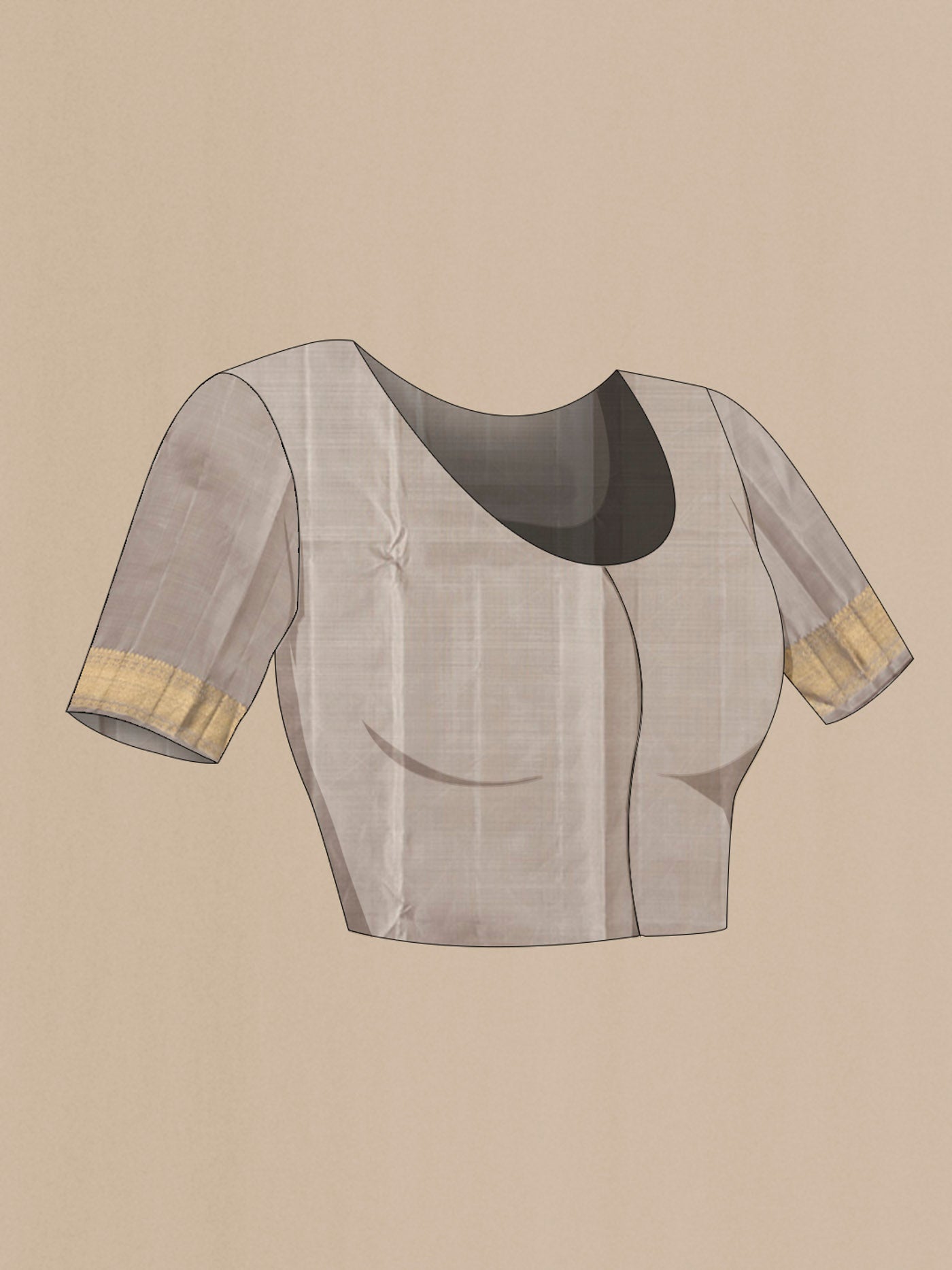 Close up image of the blouse of Grey Kanchipuram Silk Saree with Jacquard design on the body and Zari Border