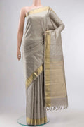 Grey Kanchipuram Silk Saree with Jacquard design on the body and Zari Border displayed on a mannequin