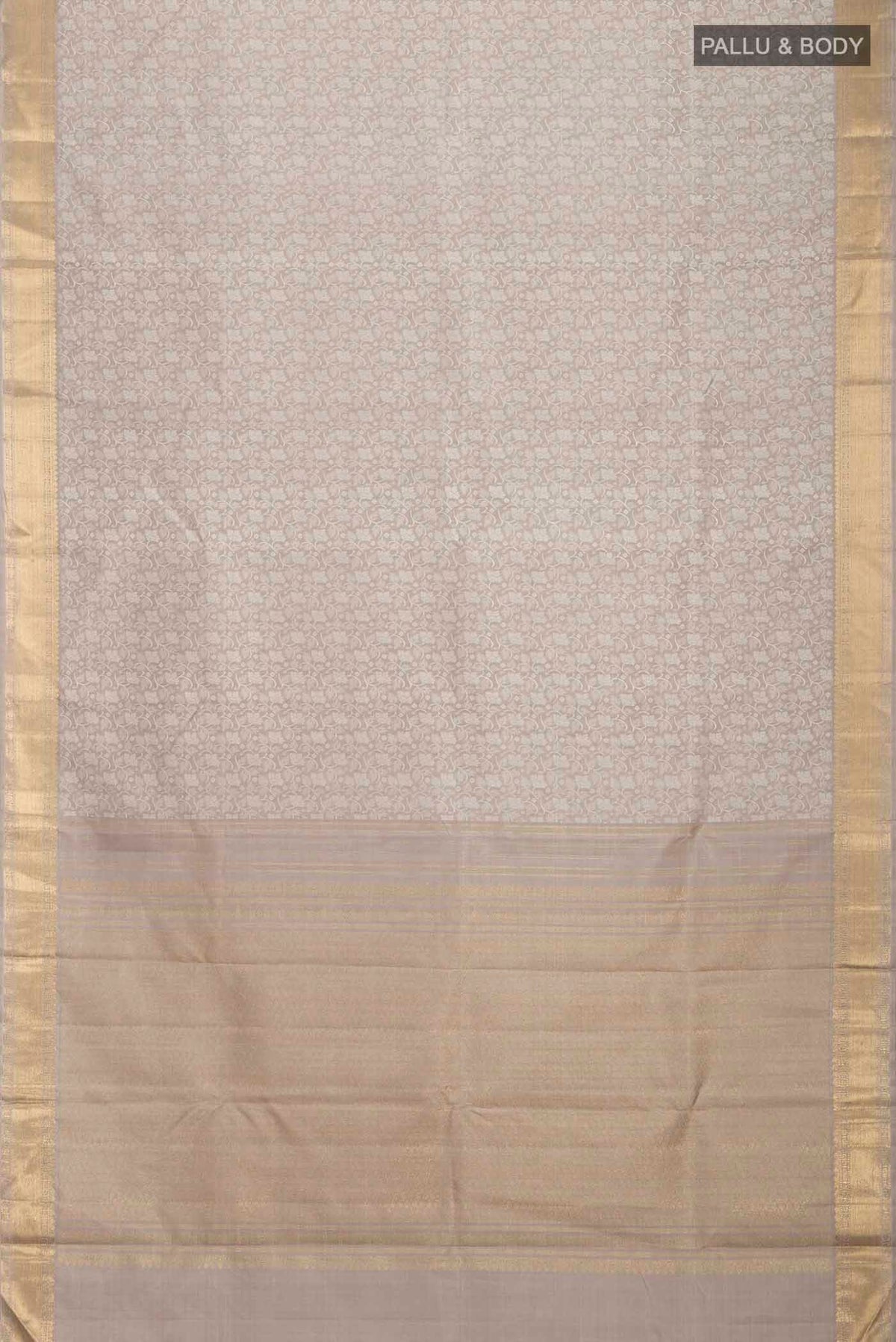 Flat view of Grey Kanchipuram Silk Saree with Jacquard design on the body and Zari Border