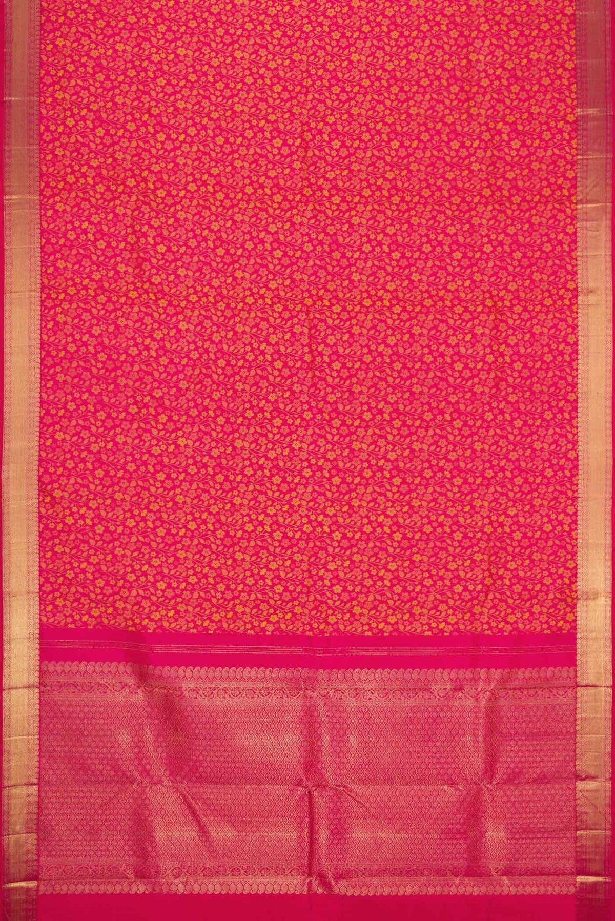 Flat view of Pure Silk Pure Zari Pink Dual Tone Kanjivaram Saree with Jacquard design on the body and Zari Border. 