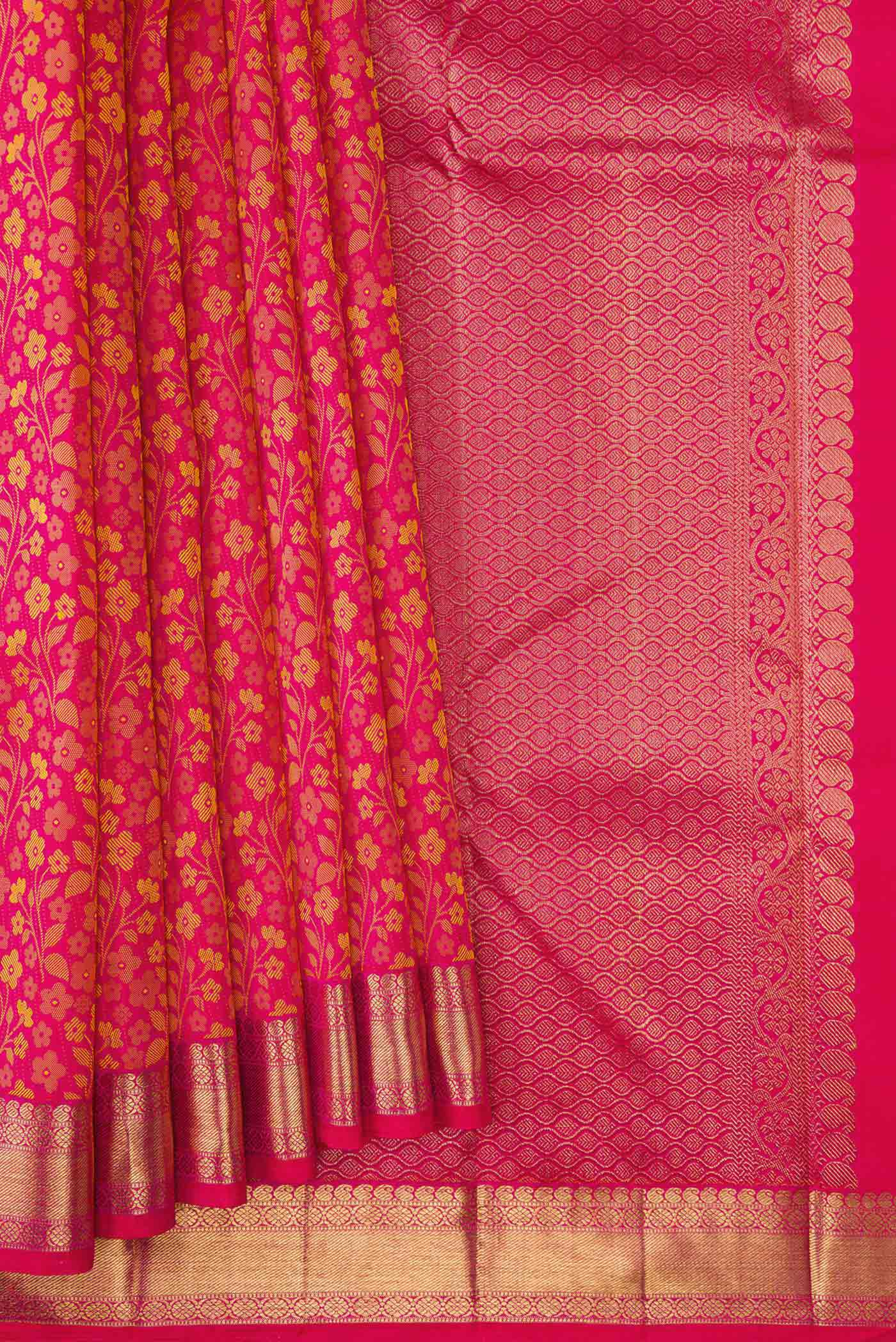 Pleats and pallu of Pure Silk Pure Zari Pink Dual Tone Kanjivaram Saree with Jacquard design on the body and Zari Border. 