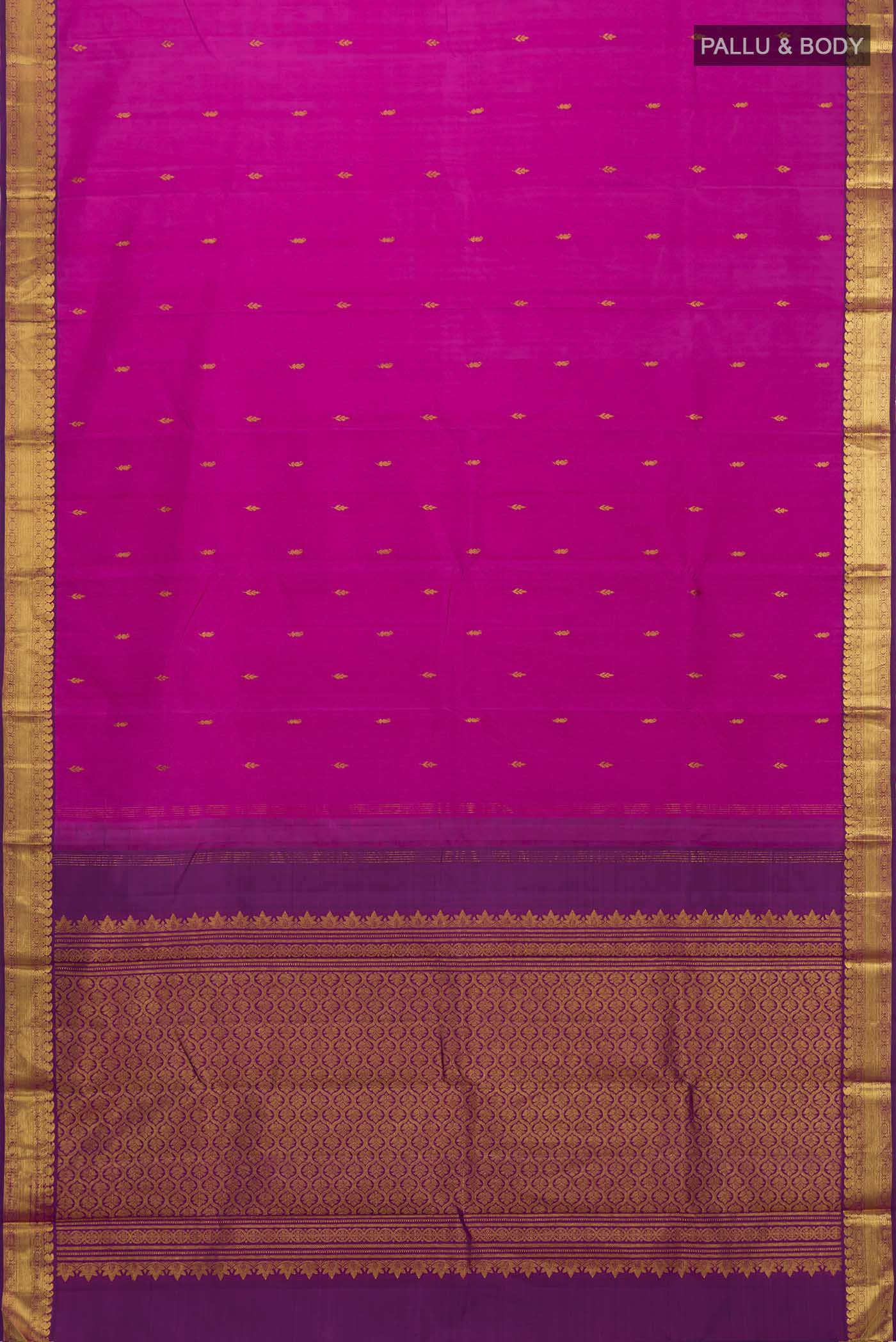 Flat view of Pink Kanchipuram Silk Saree with Zari Butta on the body and Zari Border