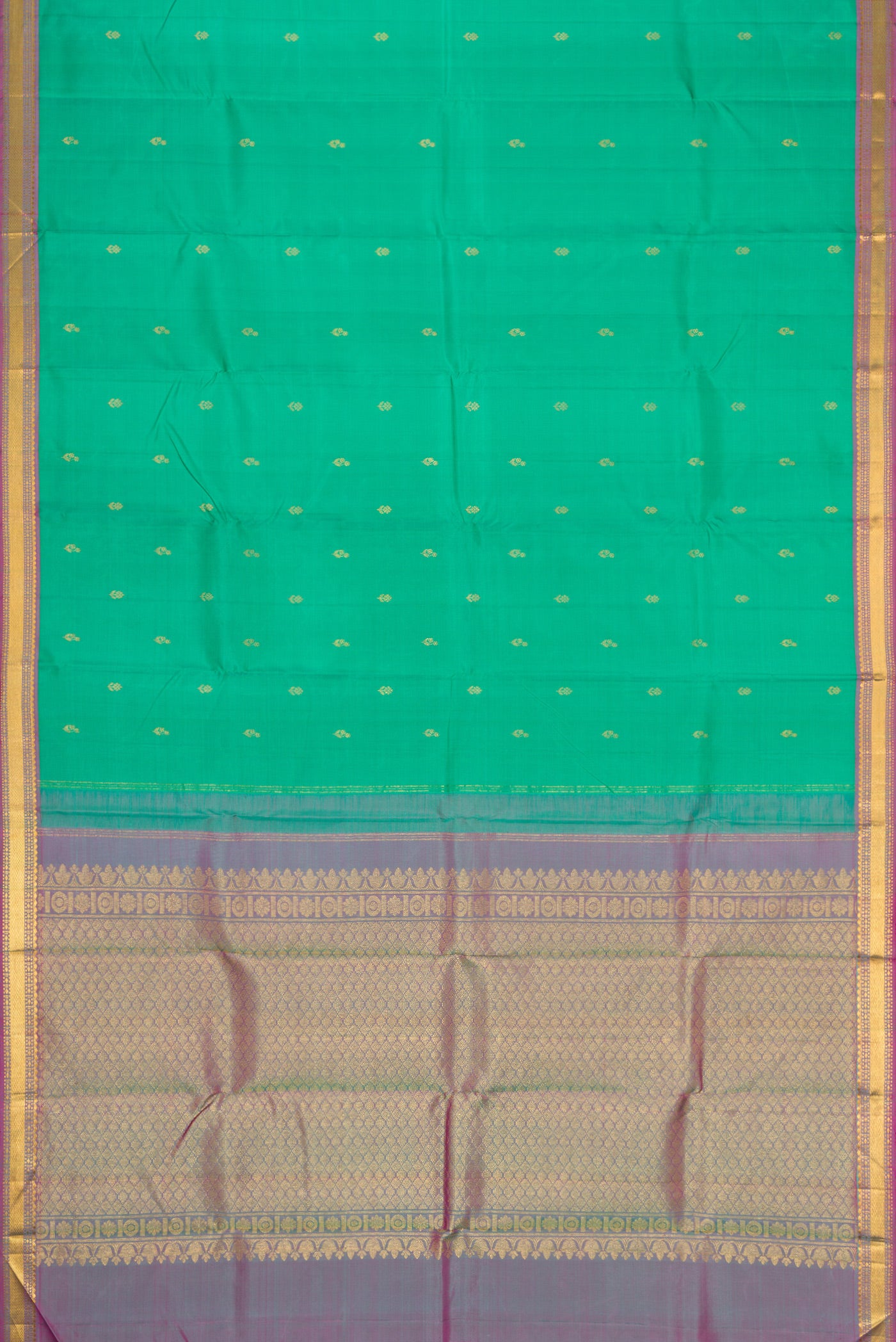 Flat view of Green Dual Tone Kanchipuram Silk Saree with Zari Butta on the body and Zari Border. 