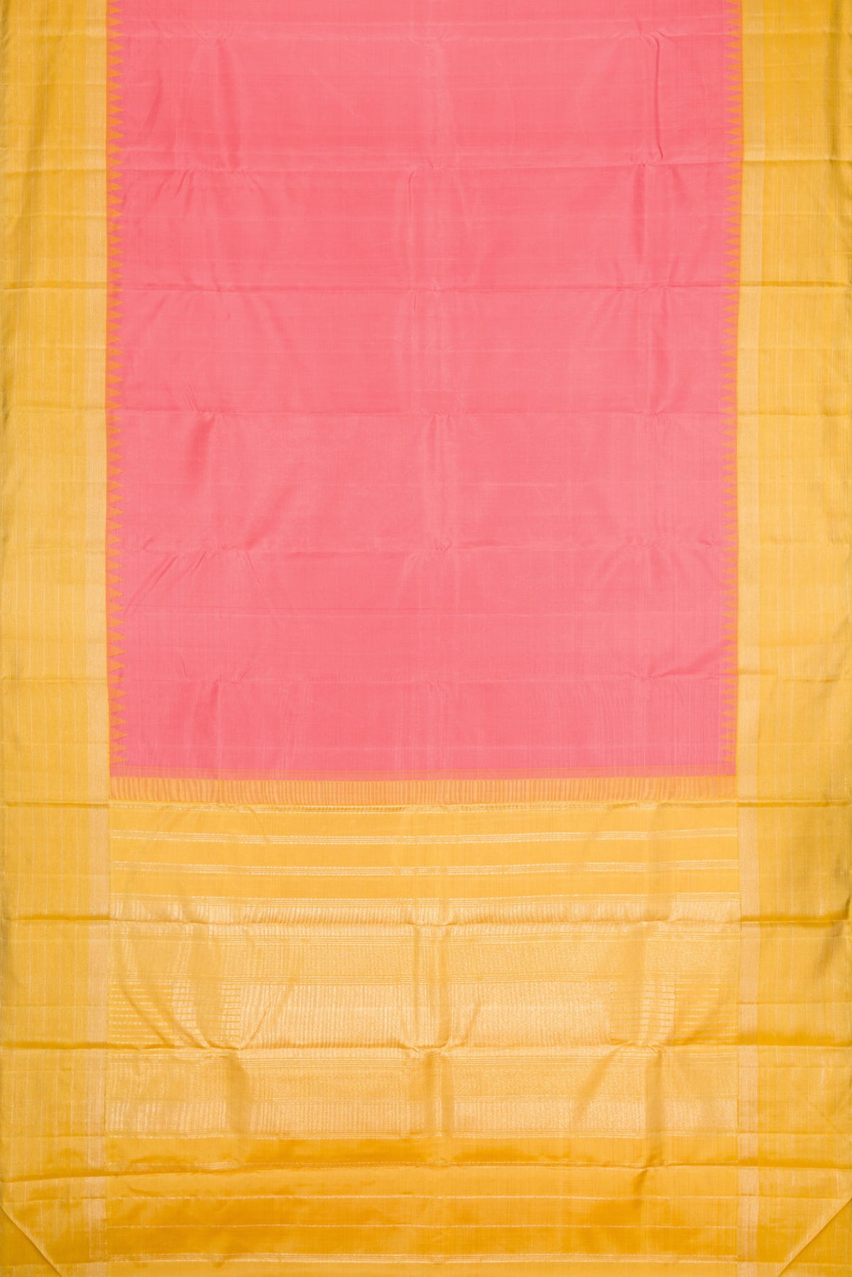 Flat view of Pink Dual Tone Kanchipuram Silk Saree with Plain Body and Zari Border