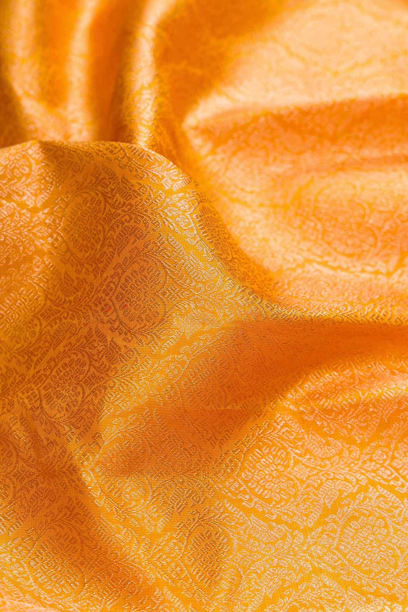 Close up of Mustard Dual Tone Kanchipuram Silk Saree with Zari Brocade on the body and Zari Border displaying folds