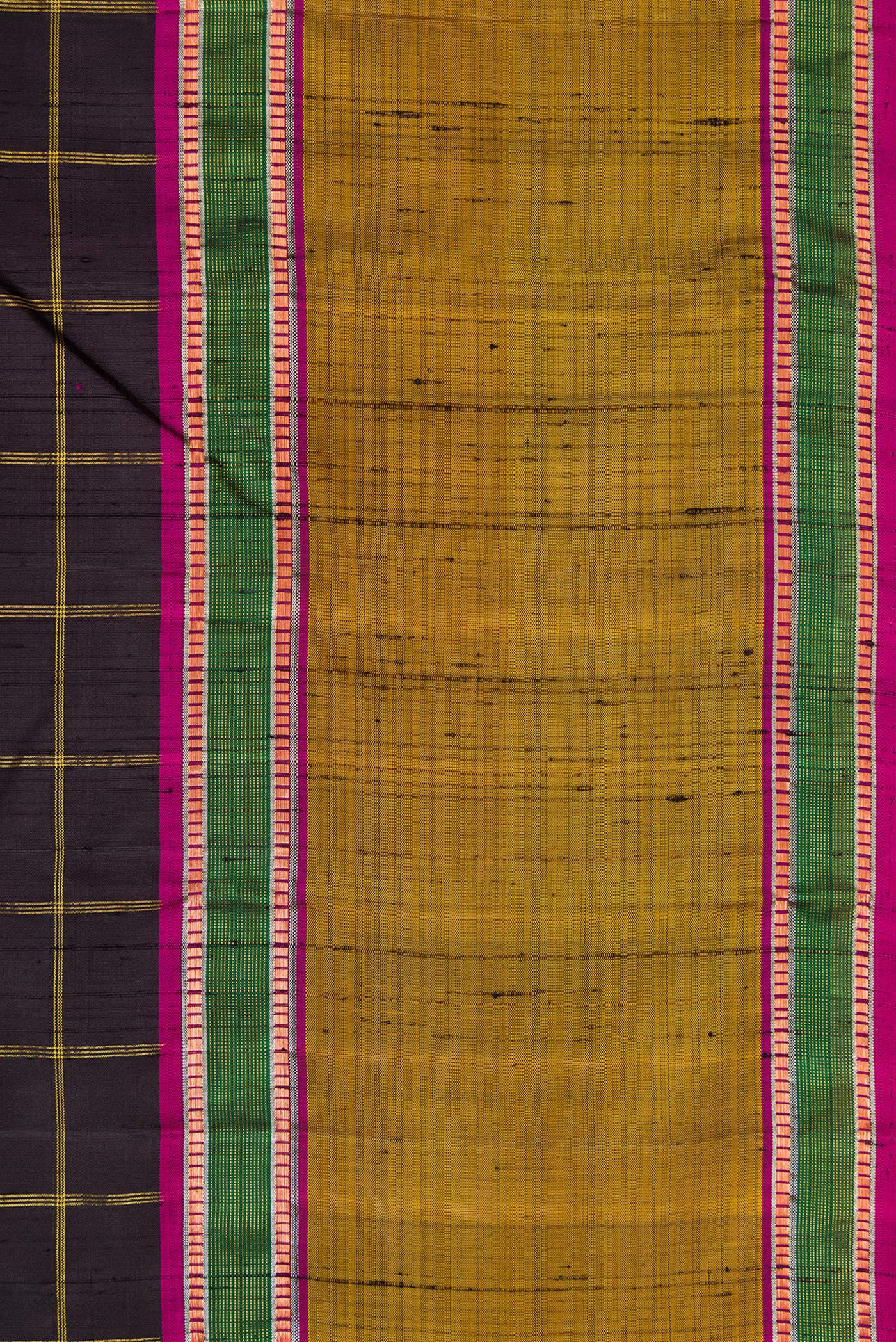 Border image of Black Dual Tone Kanchipuram Silk Saree with Checked design on the body and Zari Border. 