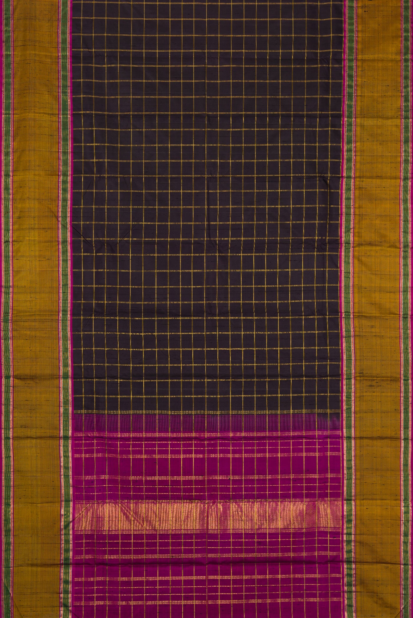 Flat view of Black Dual Tone Kanchipuram Silk Saree with Checked design on the body and Zari Border. 