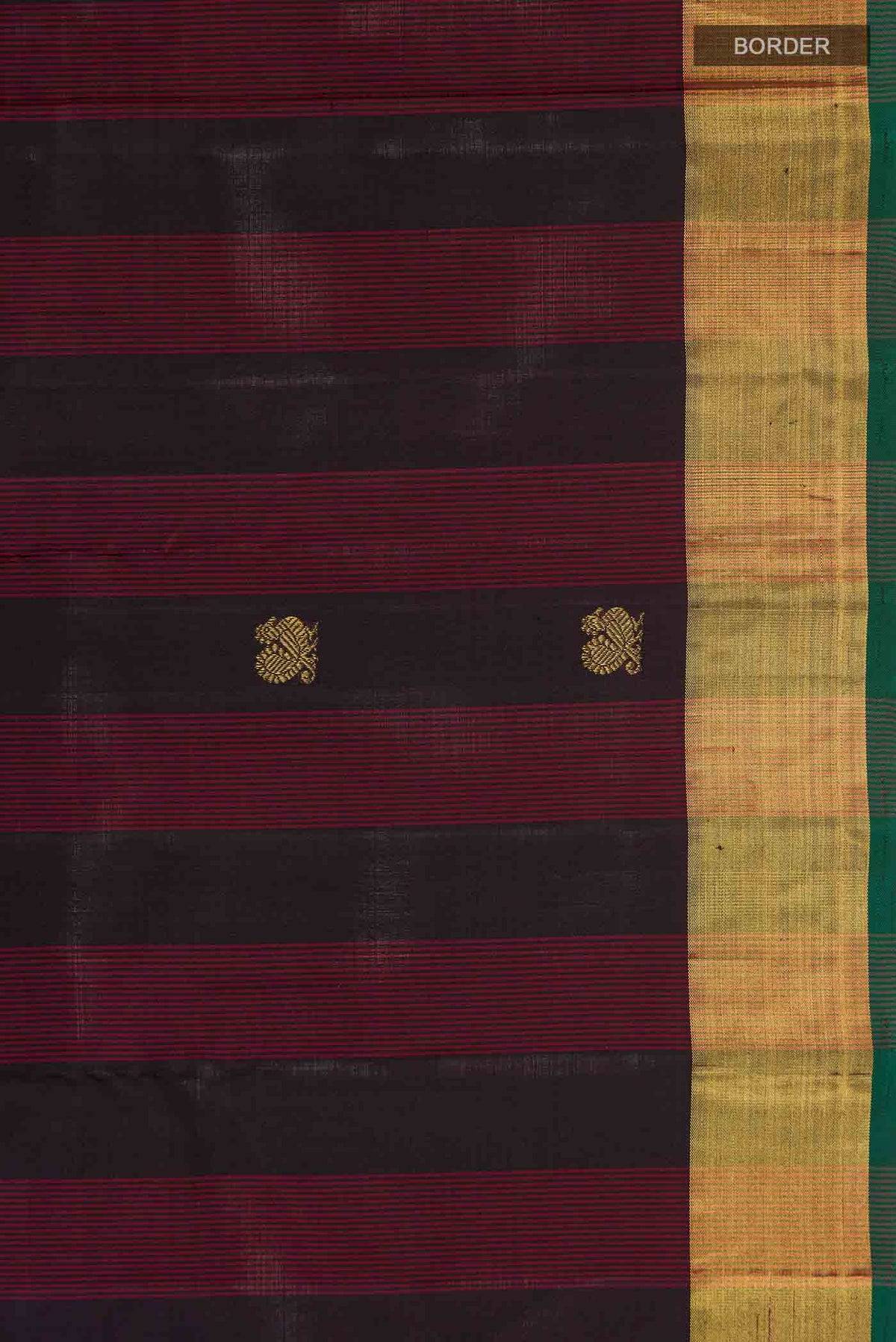 Border image of Black Kanchipuram Silk Saree with Zari Butta on the body and Zari Border