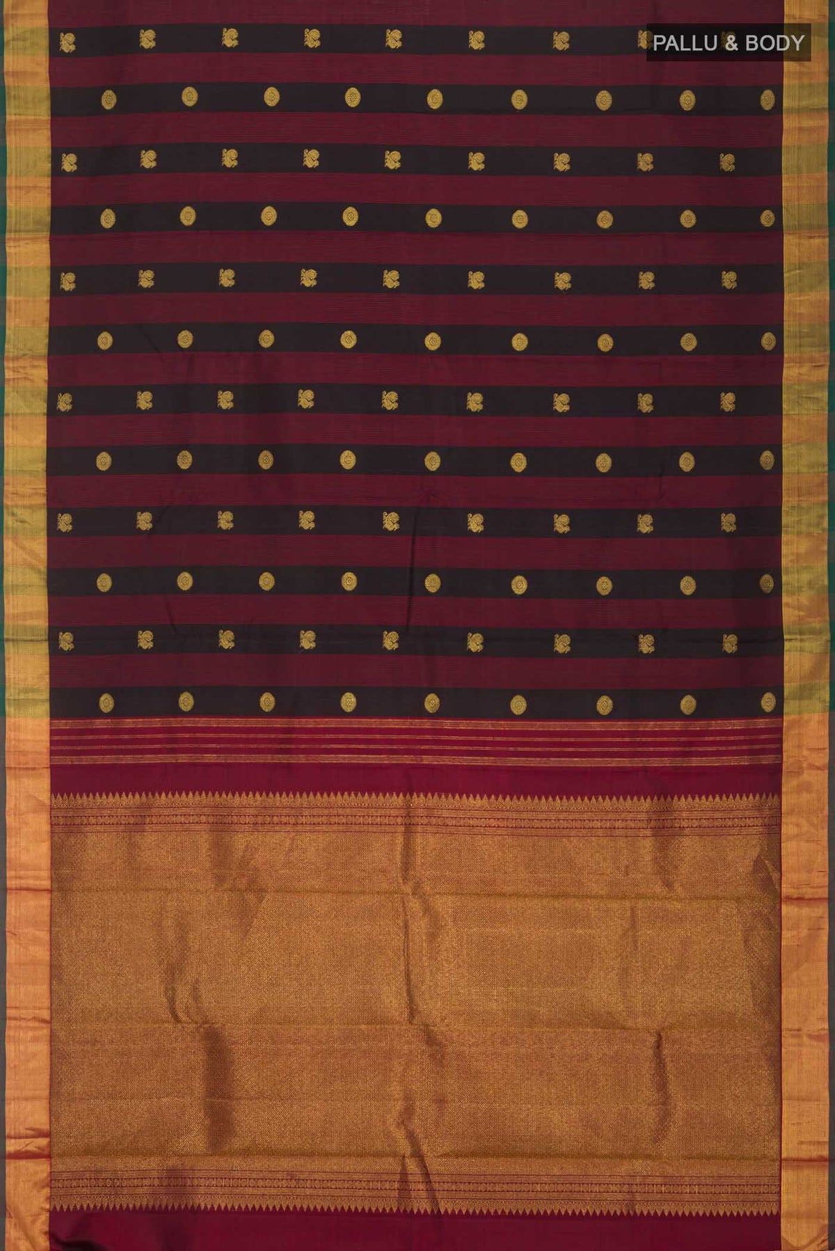 Flat view of Black Kanchipuram Silk Saree with Zari Butta on the body and Zari Border