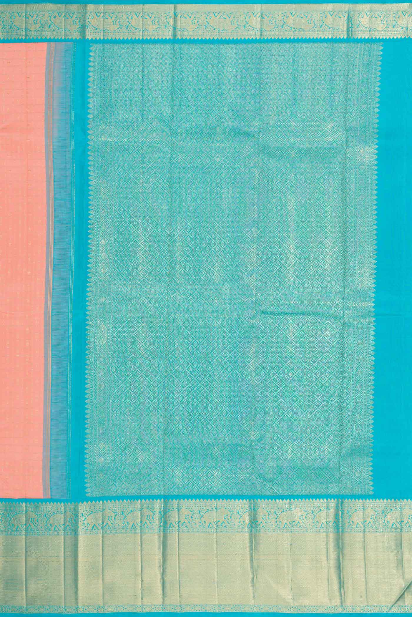 Close up image of the pallu of Pure Silk Pure Zari Peach Dual Tone Kanchipuram Saree with Checked design on the body and Zari Border