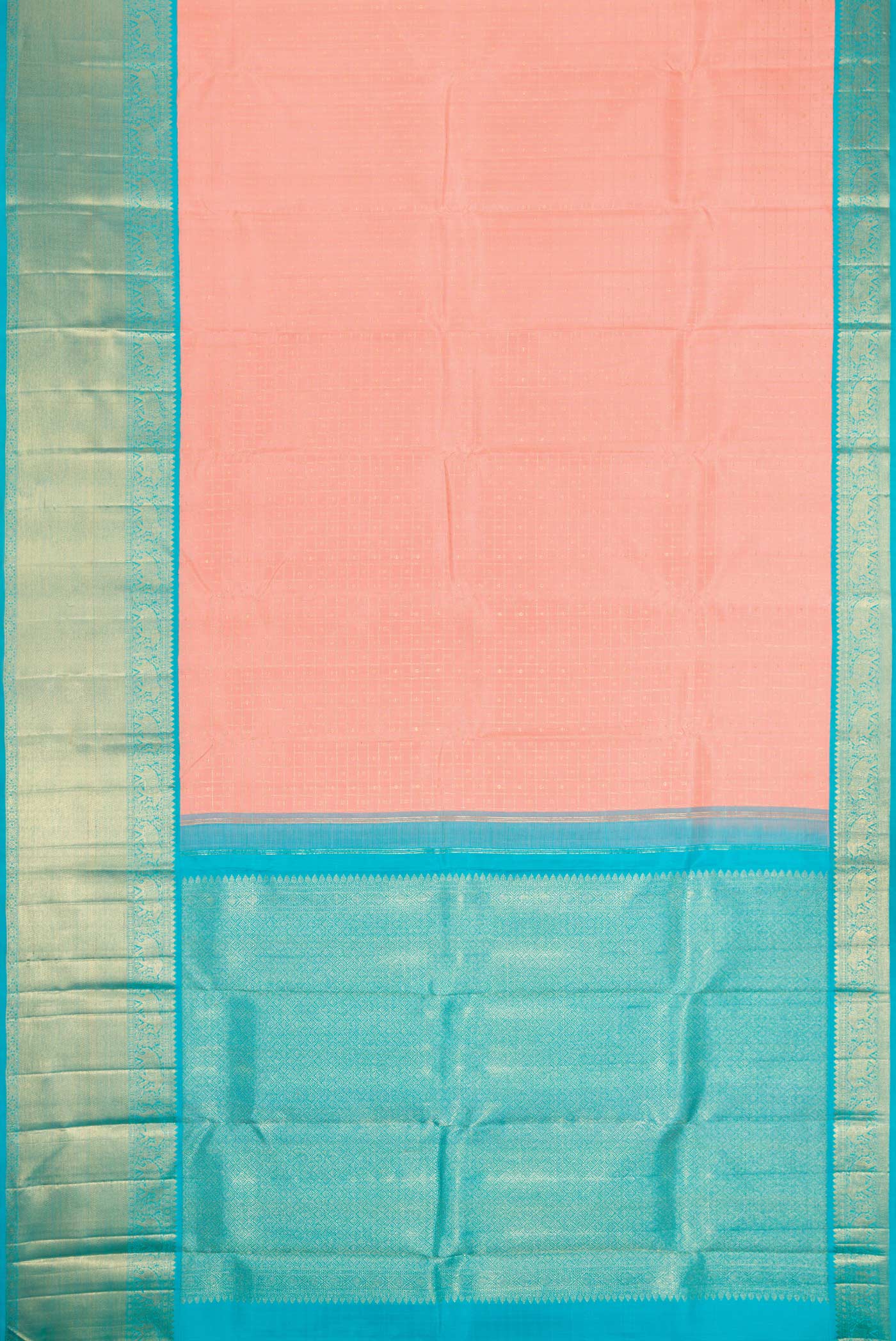 Flat view of Pure Silk Pure Zari Peach Dual Tone Kanchipuram Saree with Checked design on the body and Zari Border