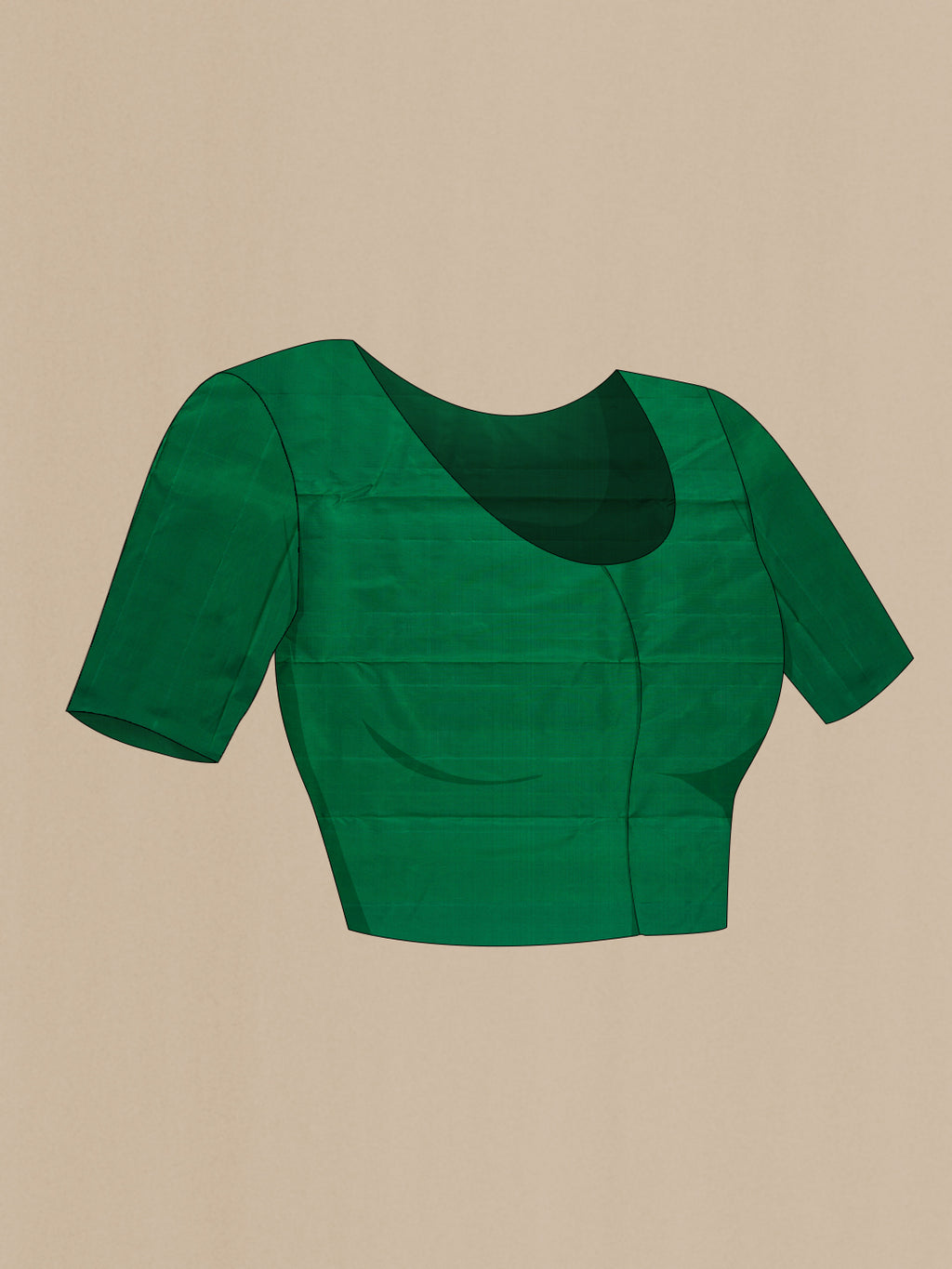Close up image of the blouse of Mehandi Green Kanchipuram Silk Saree with Plain Body and Temple Border. 
