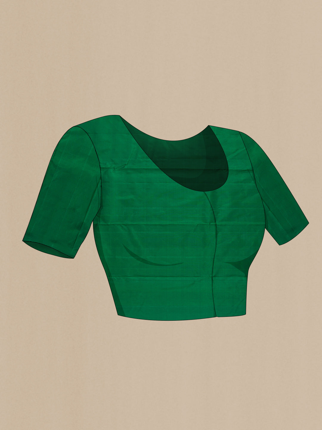 Close up image of the blouse of Mehandi Green Kanchipuram Silk Saree with Plain Body and Temple Border. 