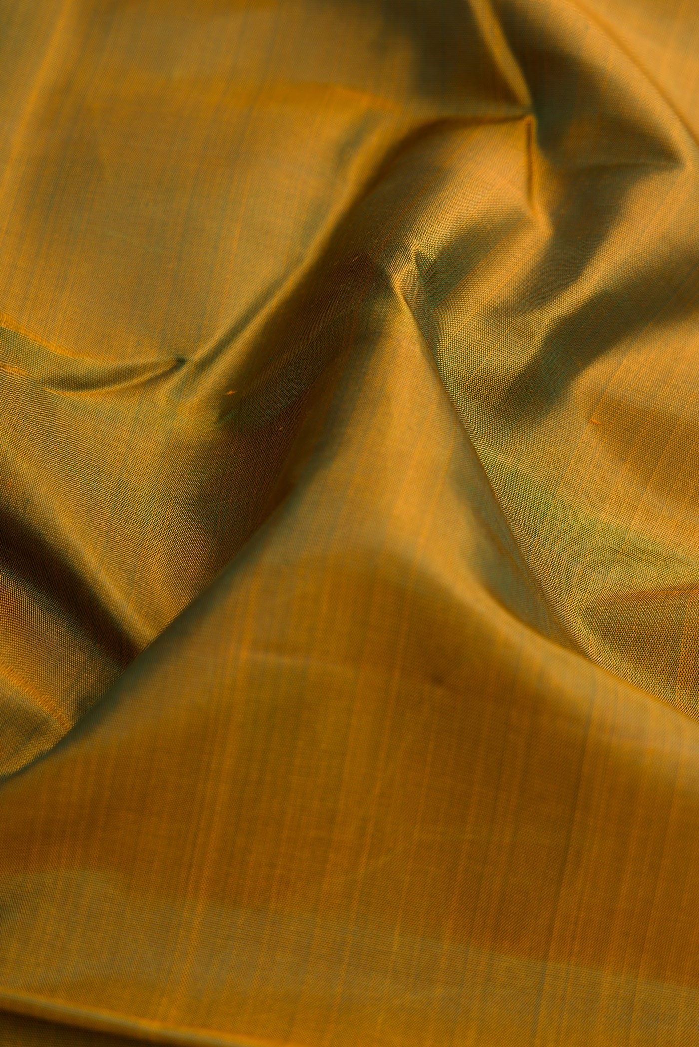 Close up of Mehandi Green Kanchipuram Silk Saree with Plain Body and Temple Border.  displaying folds
