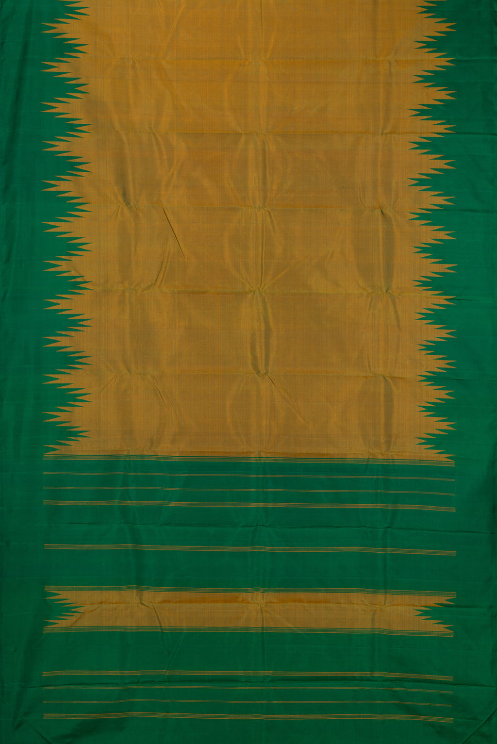 Flat view of Mehandi Green Kanchipuram Silk Saree with Plain Body and Temple Border. 