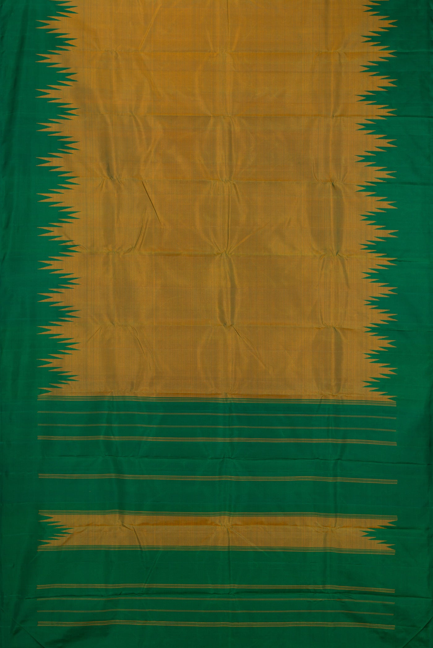 Flat view of Mehandi Green Kanchipuram Silk Saree with Plain Body and Temple Border. 