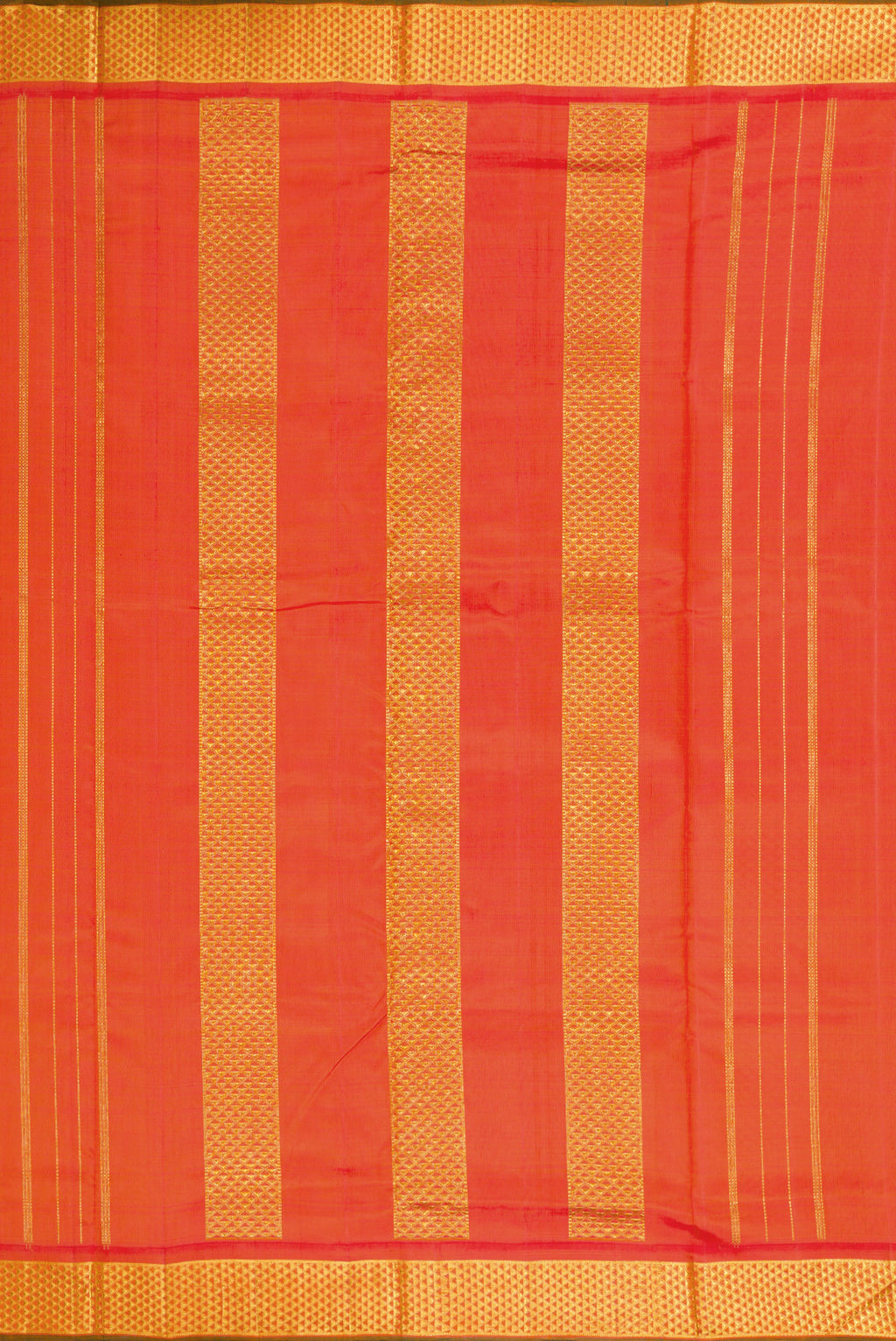 Close up image of the pallu of Pure Silk Pure Zari Orange Dual Tone Kanjivaram Nine Yards Saree with Plain Body and Zari Border. 