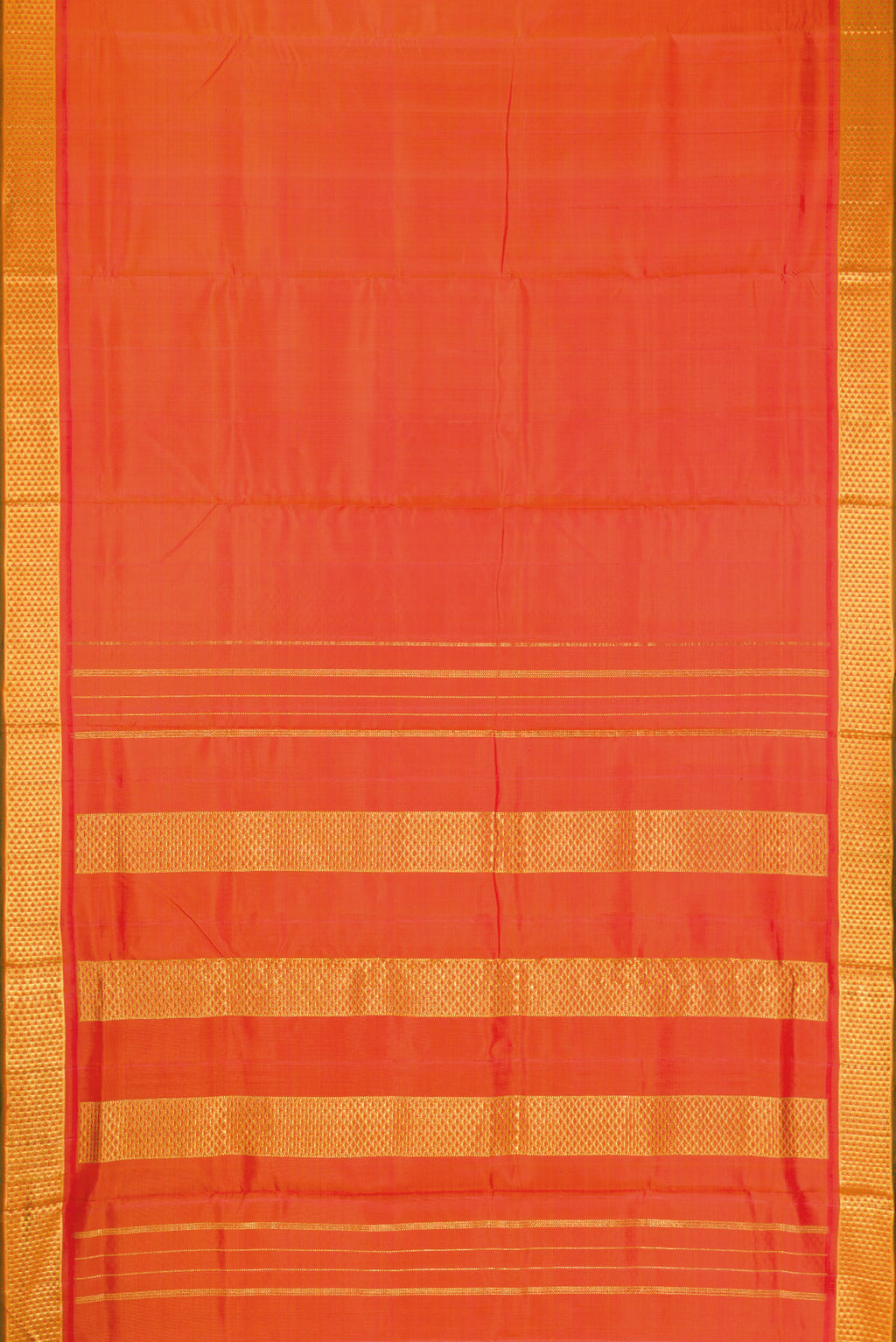 Flat view of Pure Silk Pure Zari Orange Dual Tone Kanjivaram Nine Yards Saree with Plain Body and Zari Border. 
