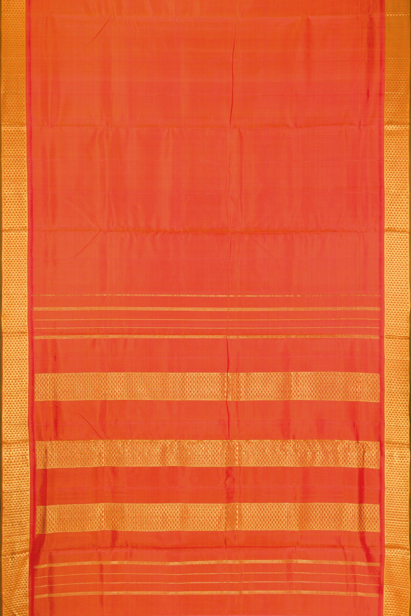 Flat view of Pure Silk Pure Zari Orange Dual Tone Kanjivaram Nine Yards Saree with Plain Body and Zari Border. 