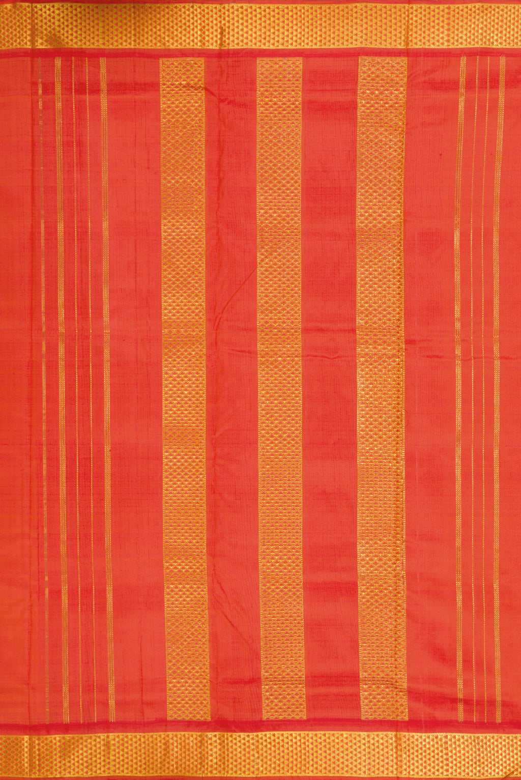 Close up image of the pallu of Pure Silk Pure Zari Orange Dual Tone Kanjivaram Nine Yards Saree with Plain Body and Zari Border. 
