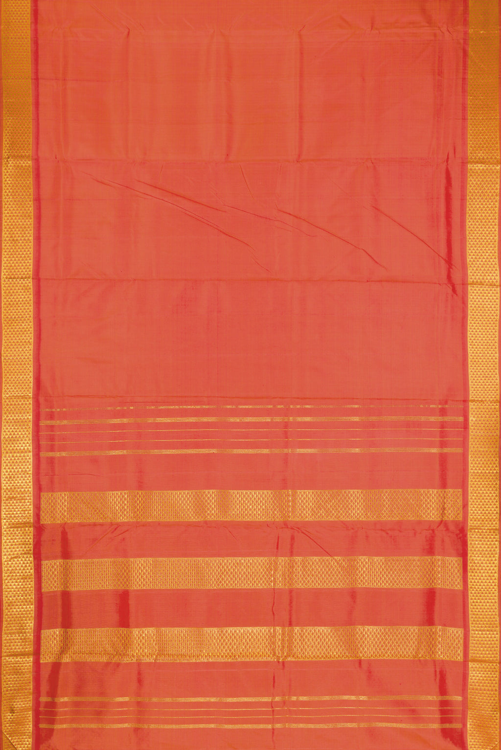 Flat view of Pure Silk Pure Zari Orange Dual Tone Kanjivaram Nine Yards Saree with Plain Body and Zari Border. 
