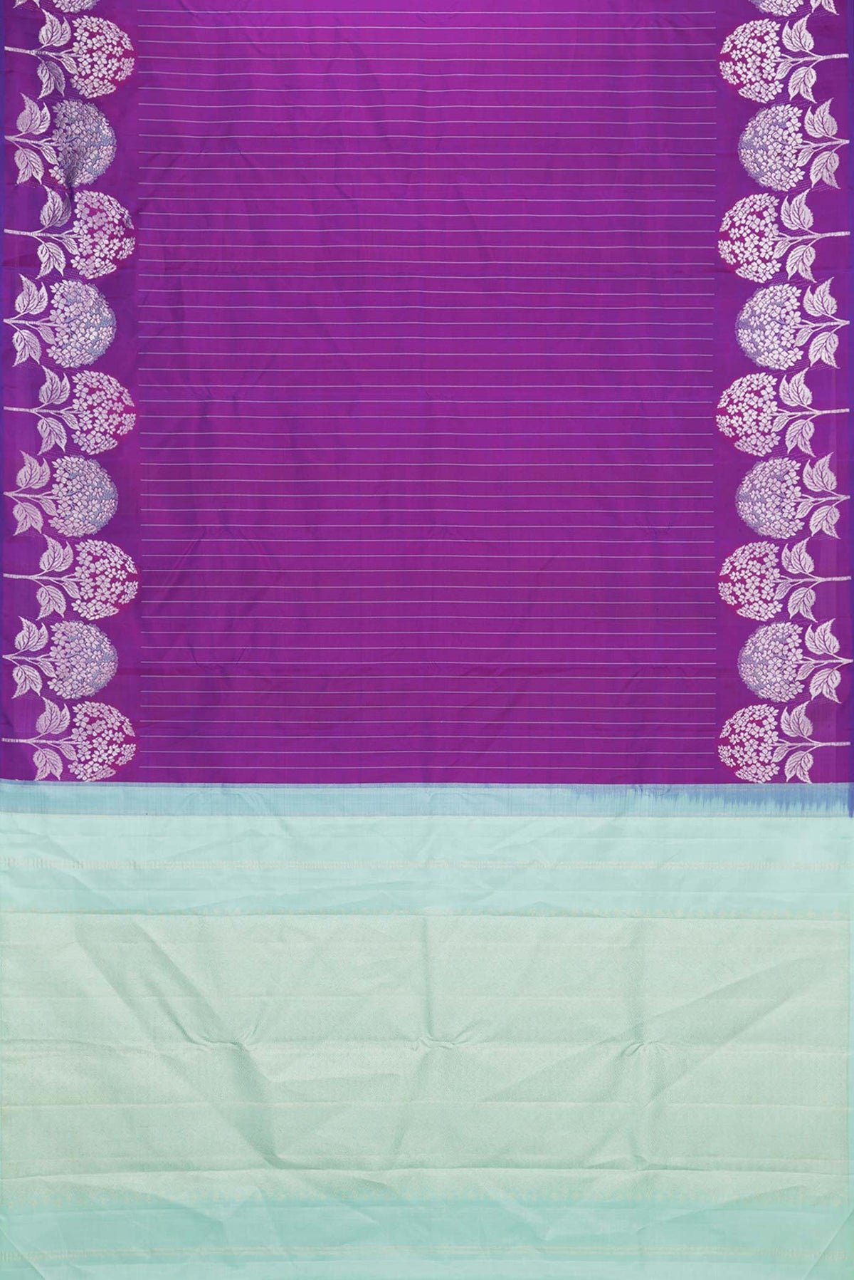 Flat view of Purple Dual Tone Kanchipuram Saree with Stripes on the body and Fancy Border