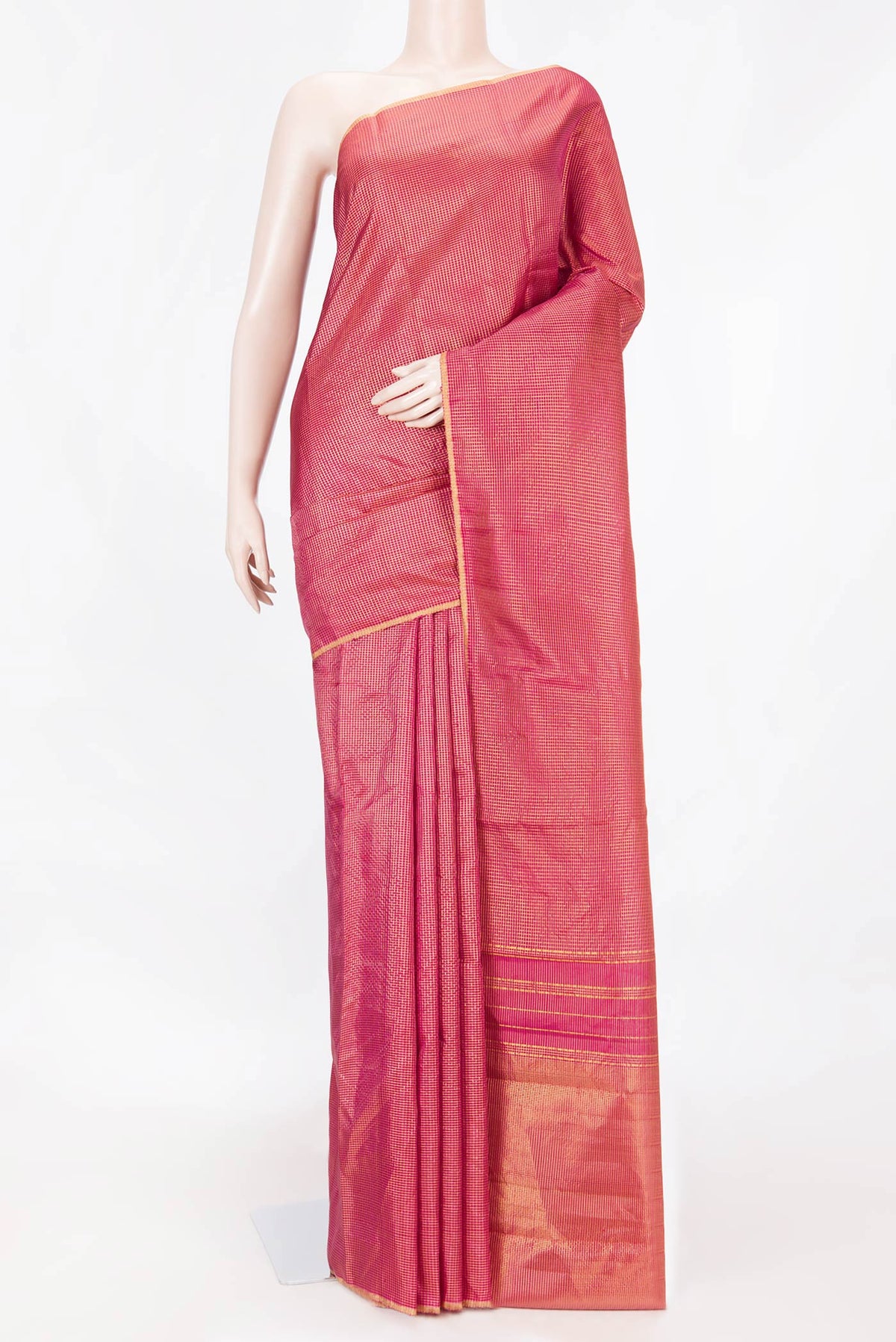 Red Dual Tone Kanchipuram Saree with Checked design on the body and Zari Border displayed on a mannequin