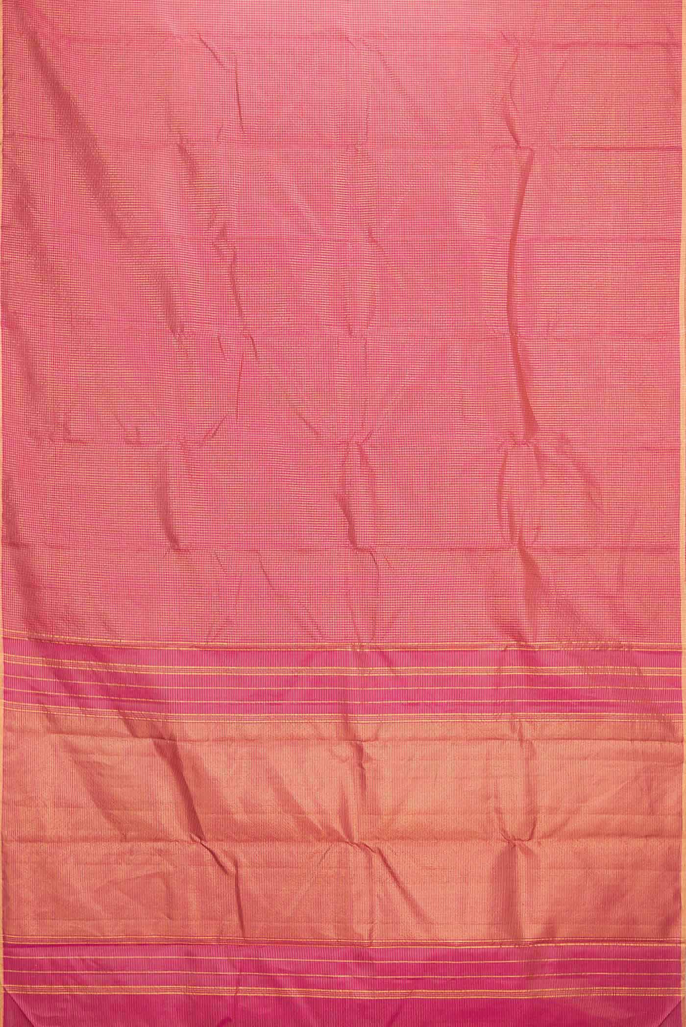 Flat view of Red Dual Tone Kanchipuram Saree with Checked design on the body and Zari Border