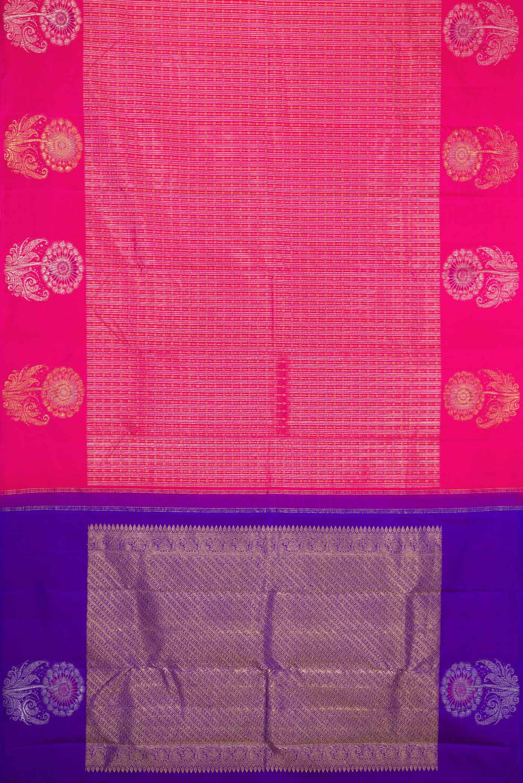 Flat view of Pink Dual Tone Kanjivaram Silk Saree with Stripes on the body and Fancy Border. 