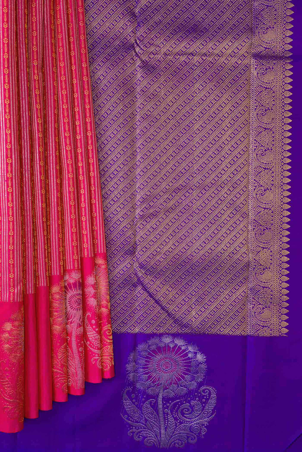 Pleats and pallu of Pink Dual Tone Kanjivaram Silk Saree with Stripes on the body and Fancy Border. 