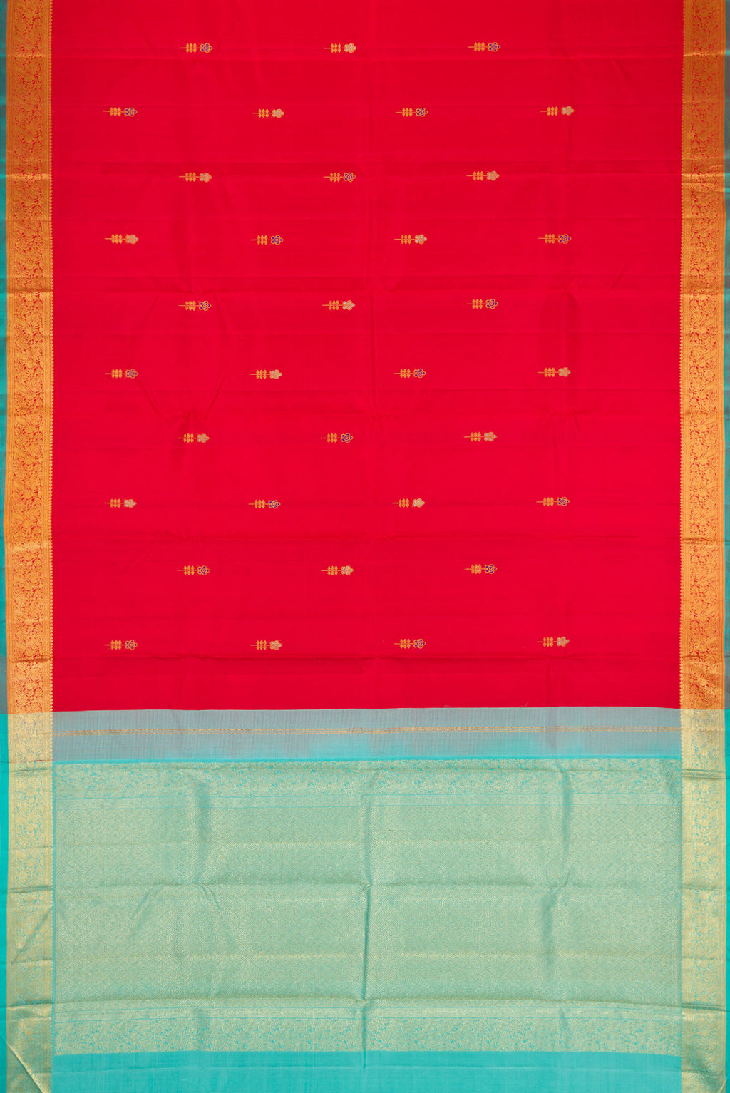 Flat view of Red Dual Tone Kanchipuram Silk Saree with Zari And Thread Butta on the body and Zari Border. 