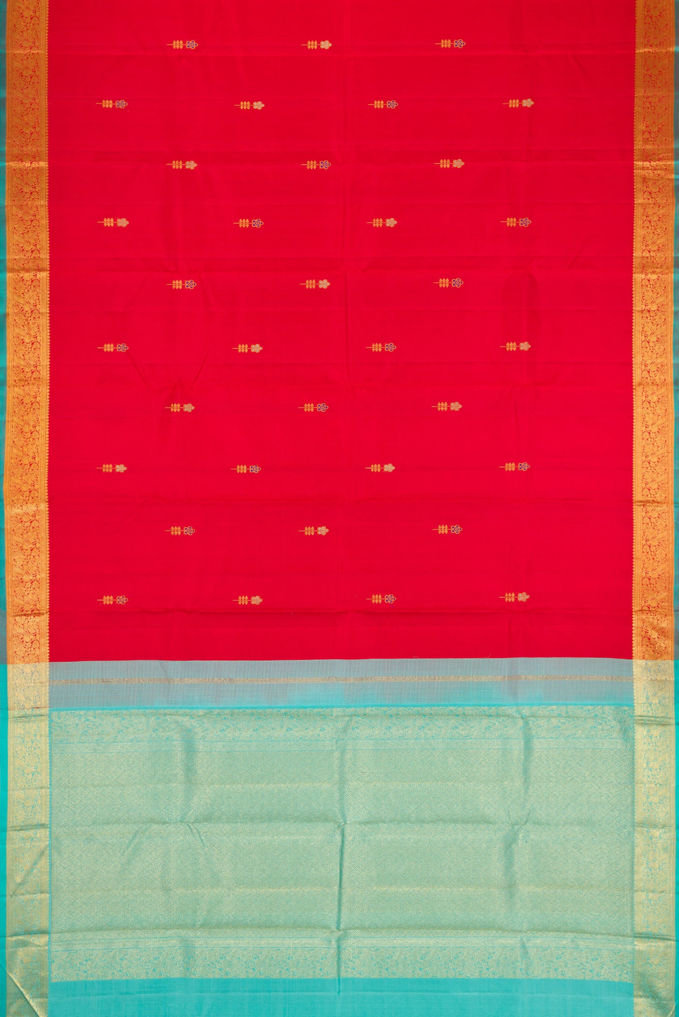 Flat view of Red Dual Tone Kanchipuram Silk Saree with Zari And Thread Butta on the body and Zari Border. 