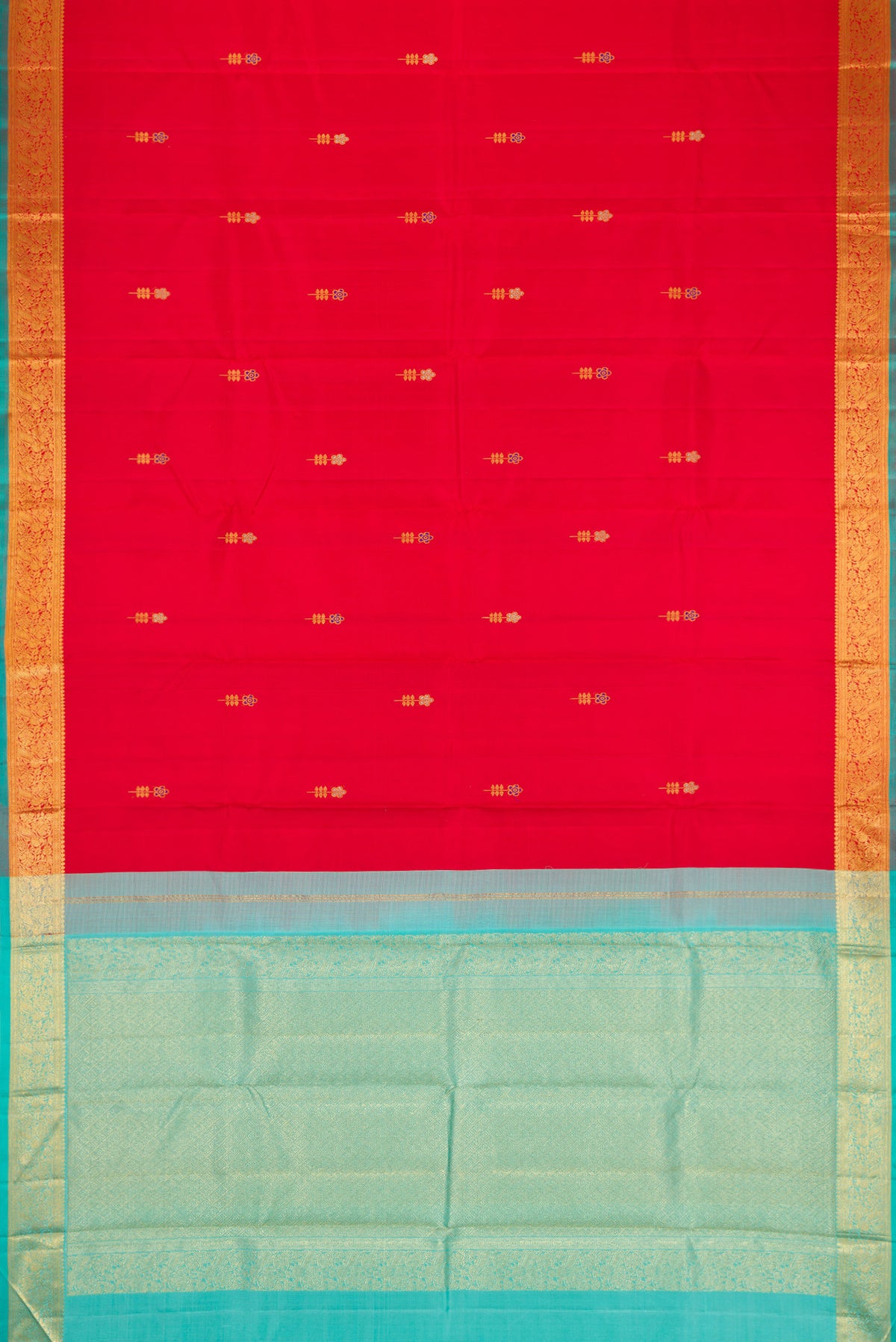 Flat view of Red Dual Tone Kanchipuram Silk Saree with Zari And Thread Butta on the body and Zari Border. 