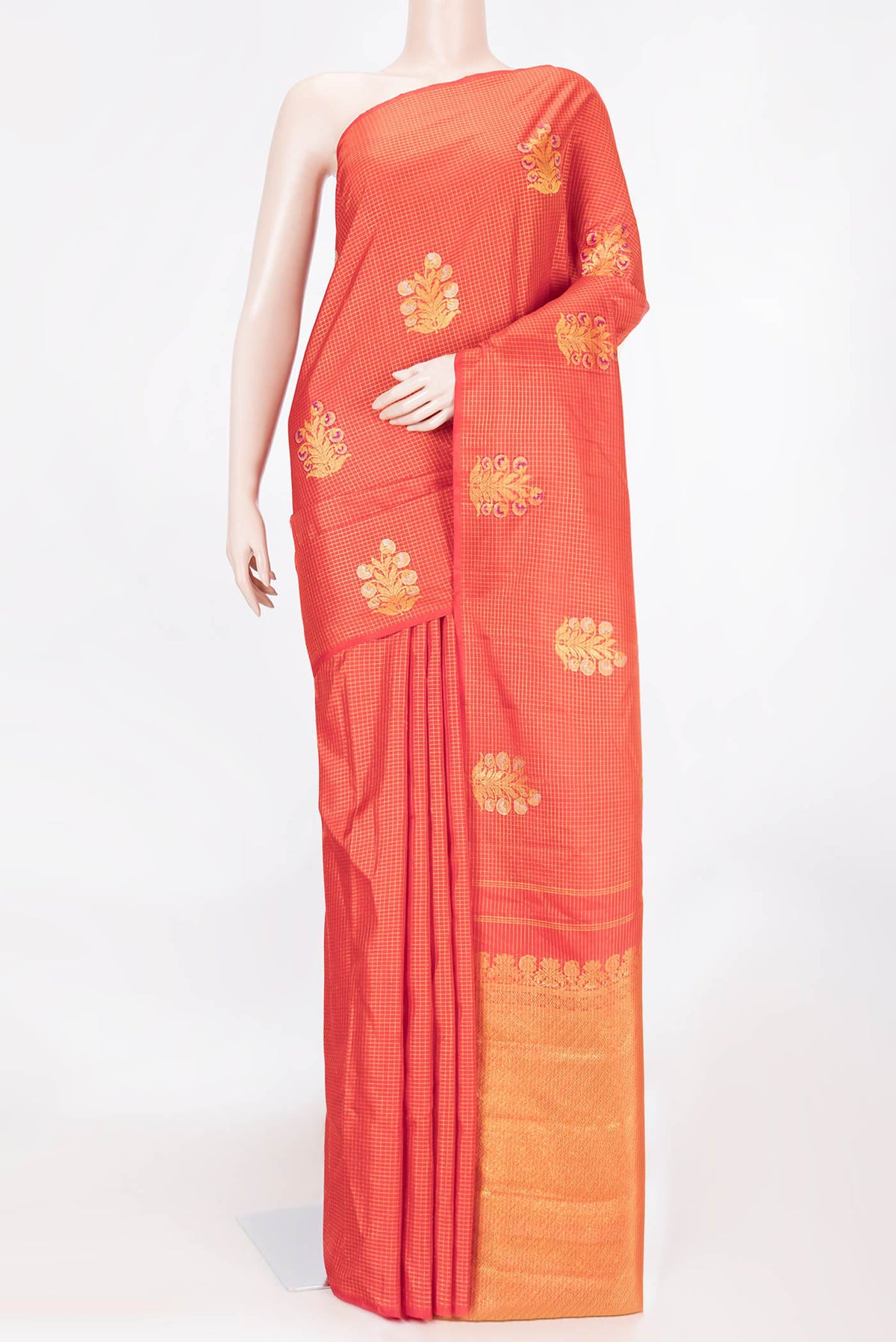 Red Dual Tone Kanchipuram Saree with Checked design on the body and Without Border displayed on a mannequin