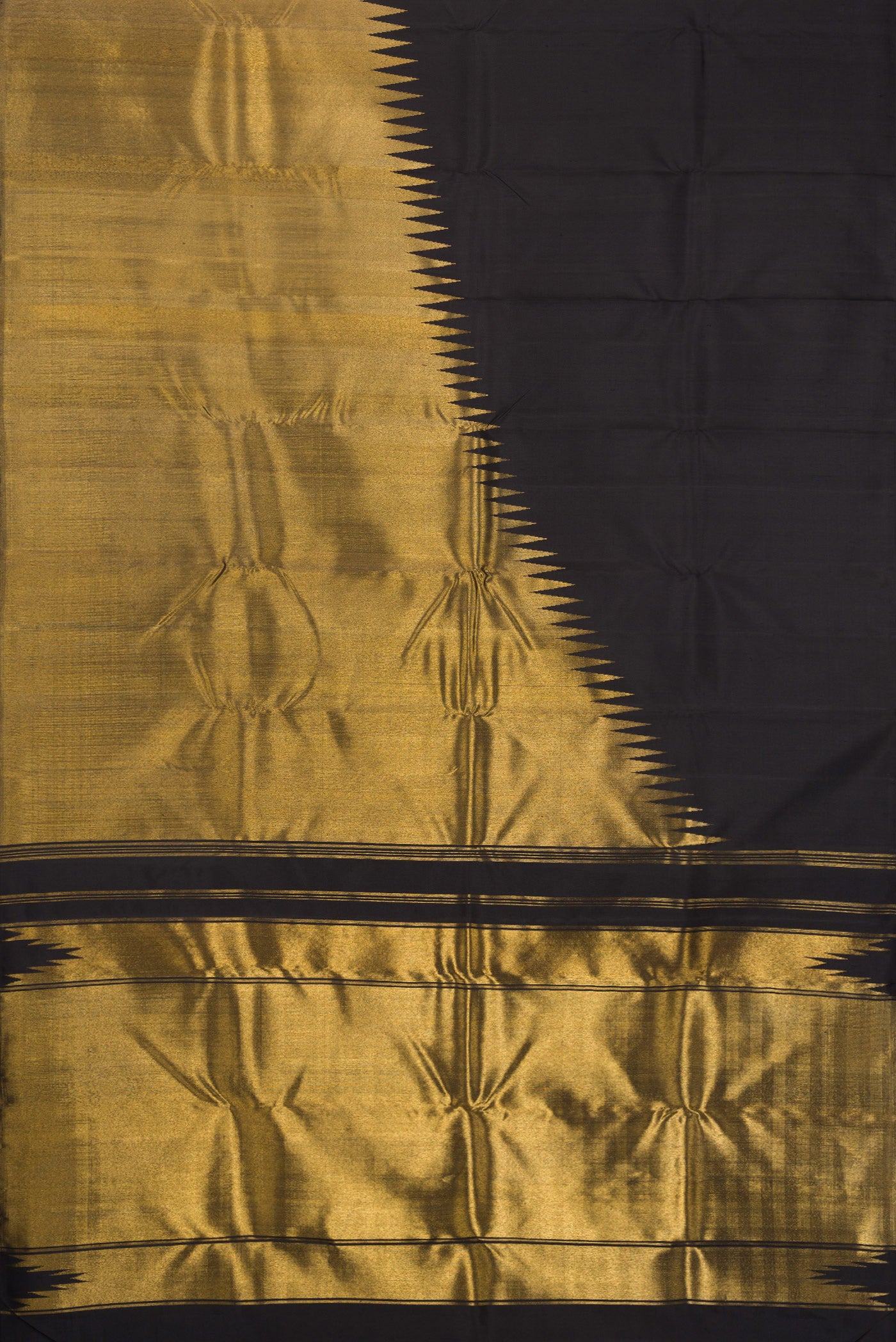 Flat view of Black Dual Tone Kanchipuram Silk Saree with Plain Body and Rising Temple Border. 