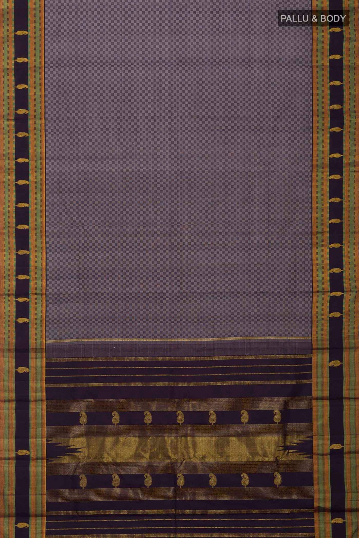 Flat view of Grey Kanchipuram Silk Saree Checked design on the body and Zari Border