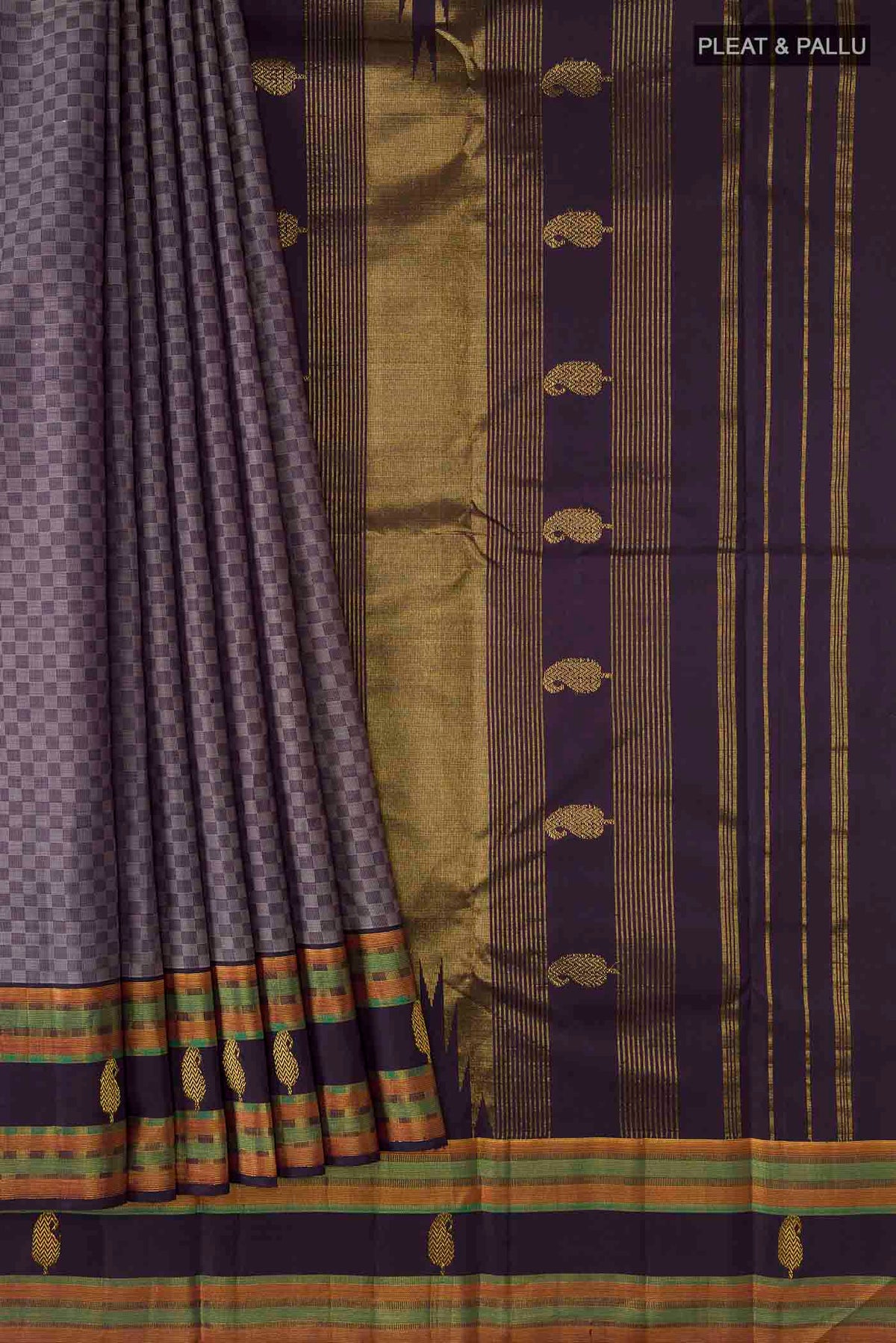 Pleats and pallu of Grey Kanchipuram Silk Saree Checked design on the body and Zari Border