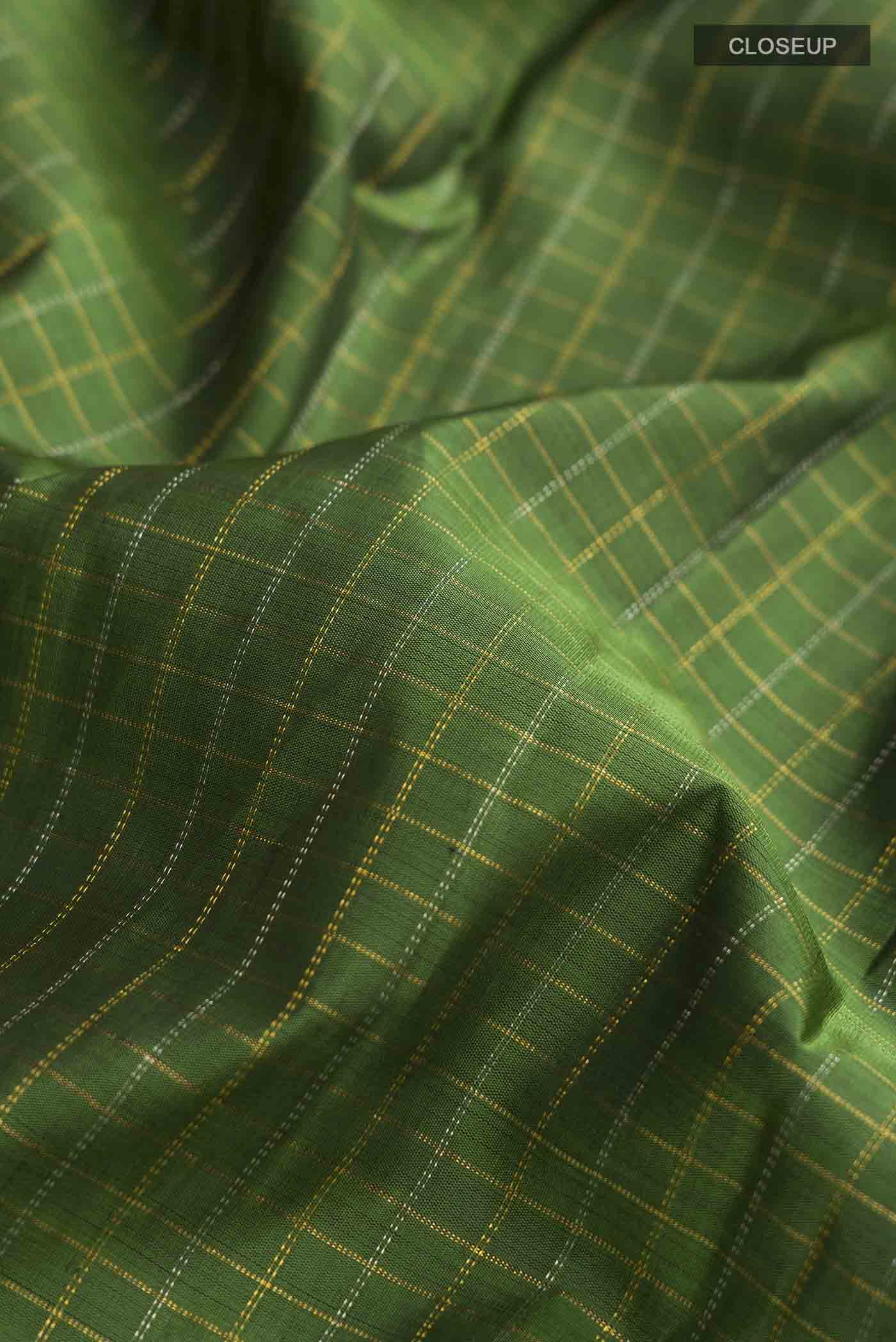 Close up of Green Kanchipuram Silk Saree with Checked design on the body and Zari Border displaying folds