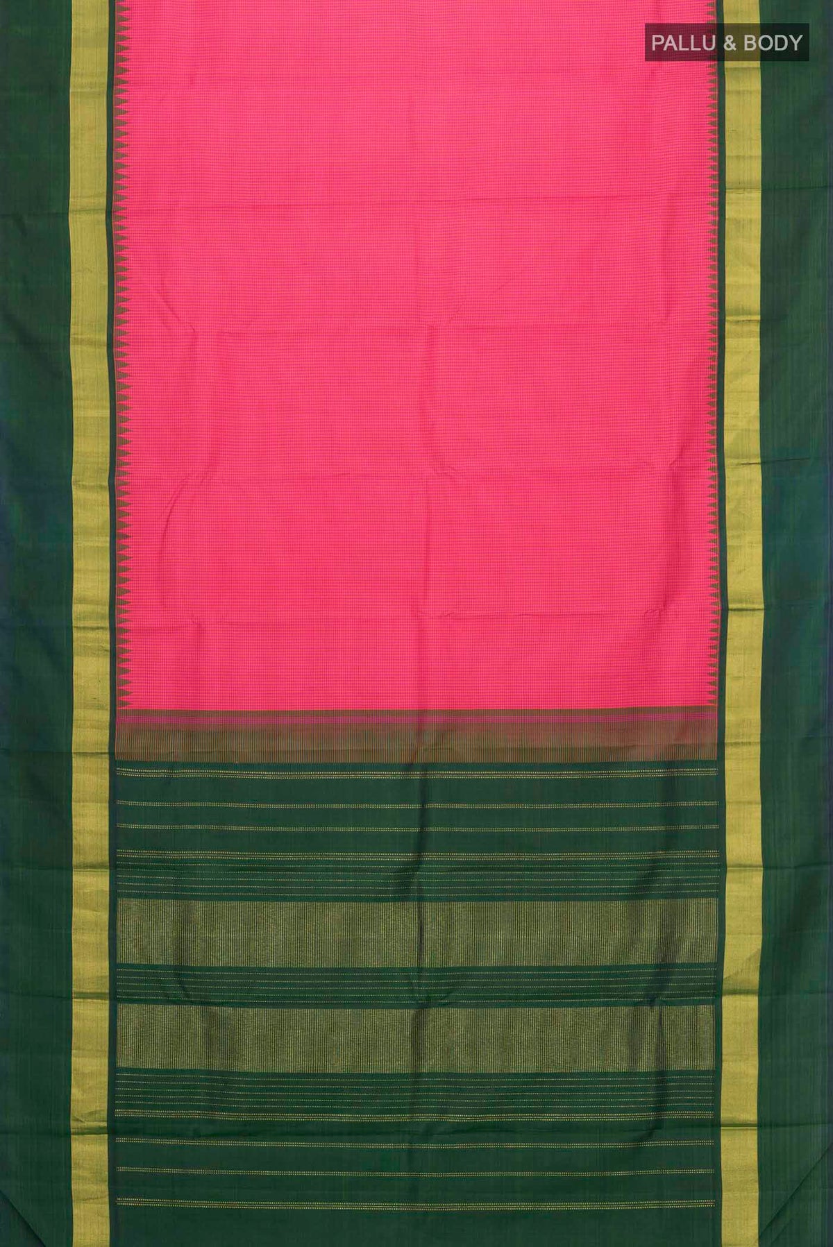 Flat view of Pink Kanchipuram Silk Saree with Checked design on the body and Zari Border