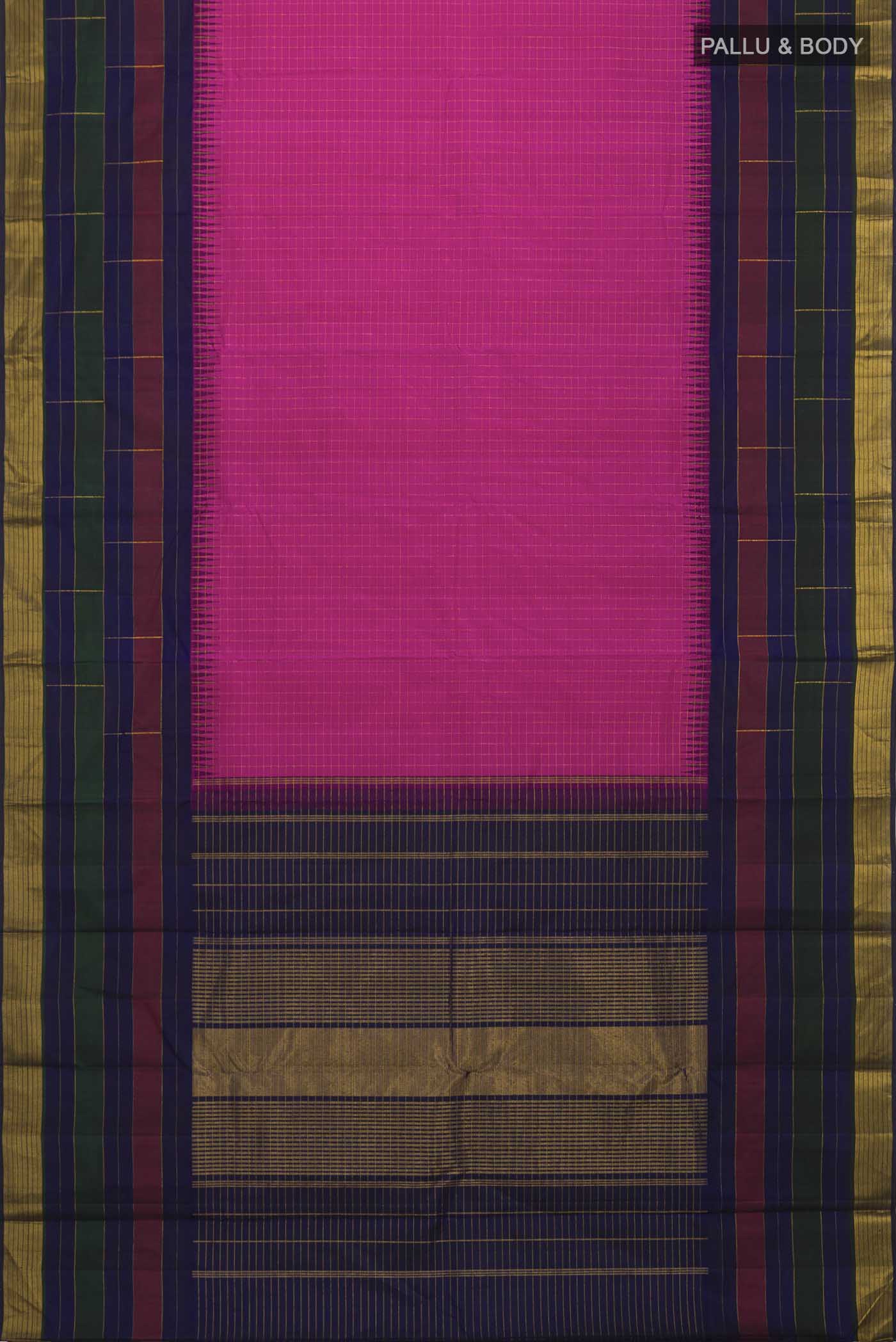 Flat view of Pink Kanchipuram Silk Saree with Checked design on the body and Zari Border