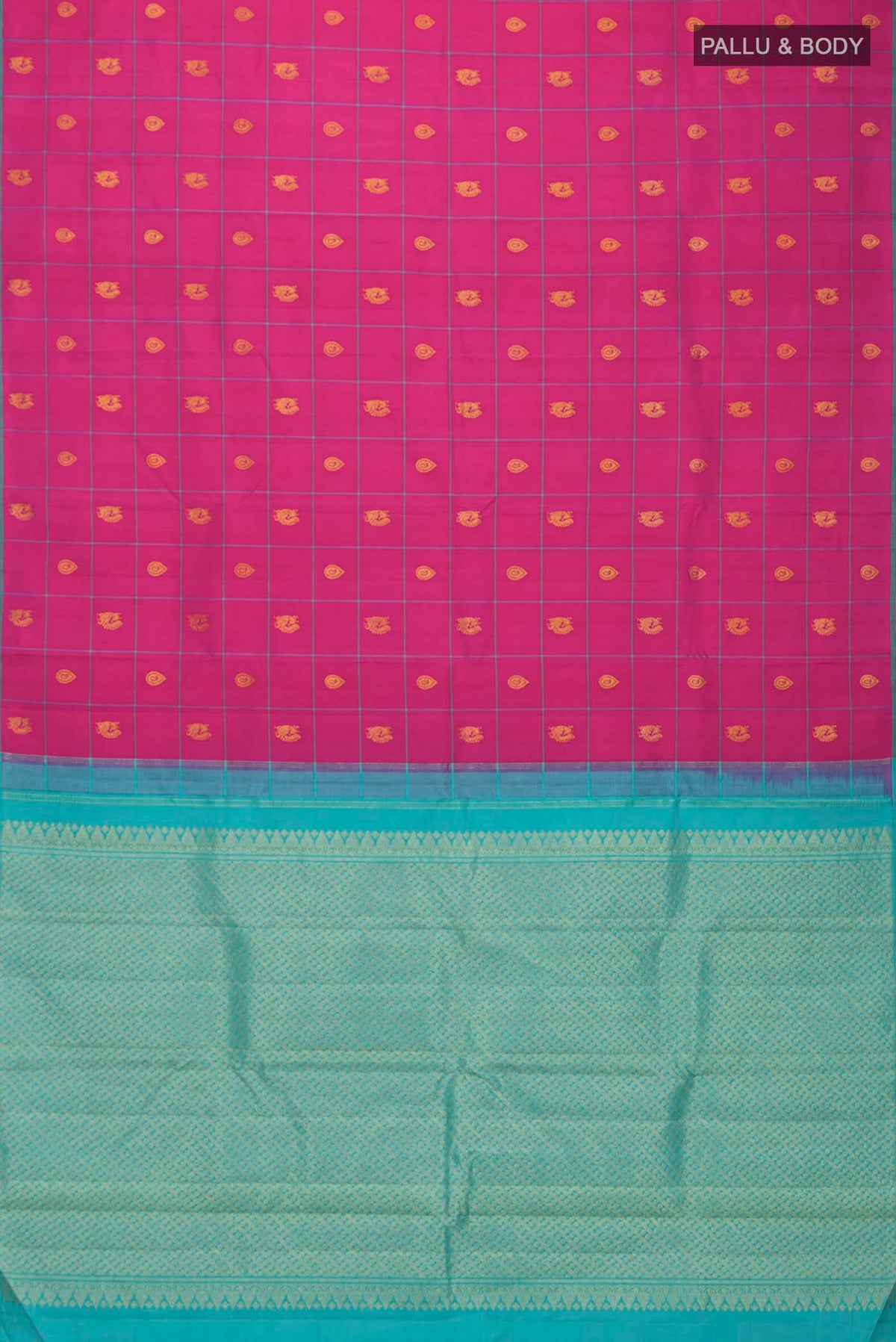 Flat view of Pink Kanchipuram Silk Saree with Zari Butta on the body and Plain Border