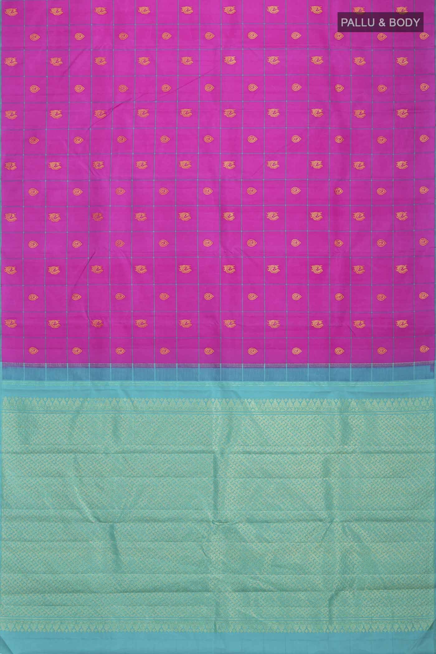 Flat view of Pink Kanchipuram Silk Saree with Zari Butta on the body and Plain Border