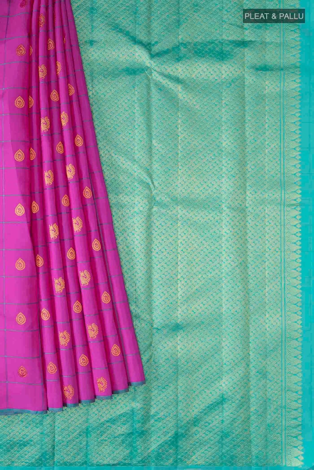 Pleats and pallu of Pink Kanchipuram Silk Saree with Zari Butta on the body and Plain Border